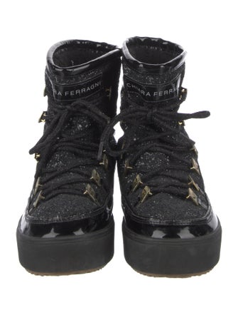 Chiara Ferragni Patent Leather Glitter Accents Lace-Up Boots