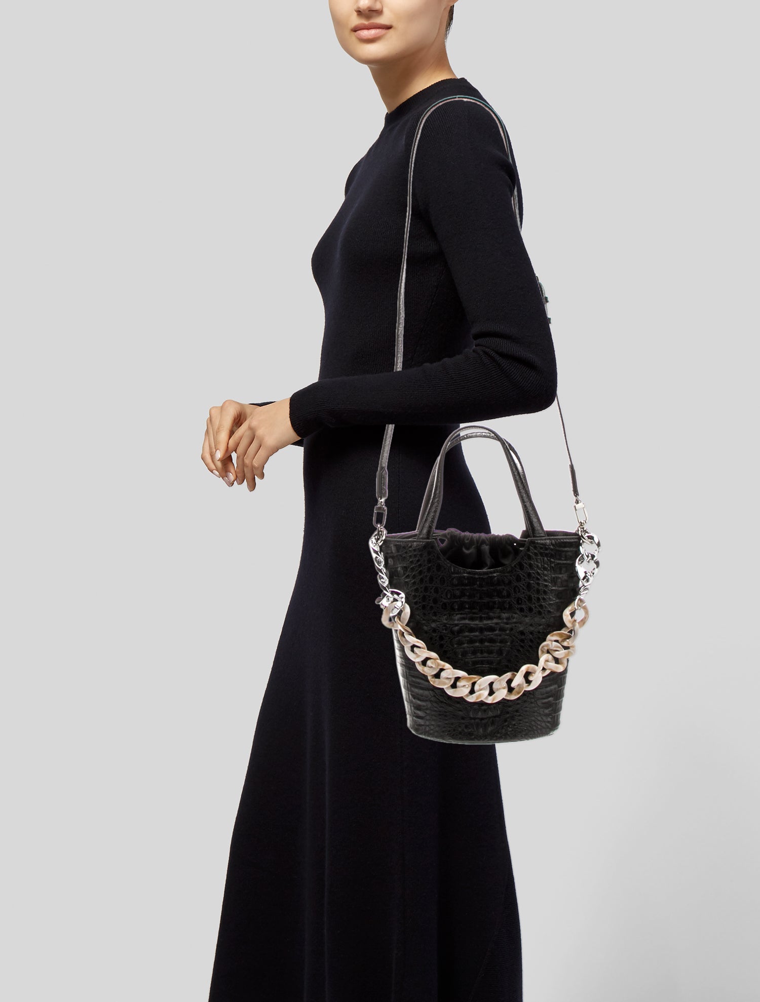 Zarmoi Crocodile Bucket Bag - Black Bucket Bags, Handbags