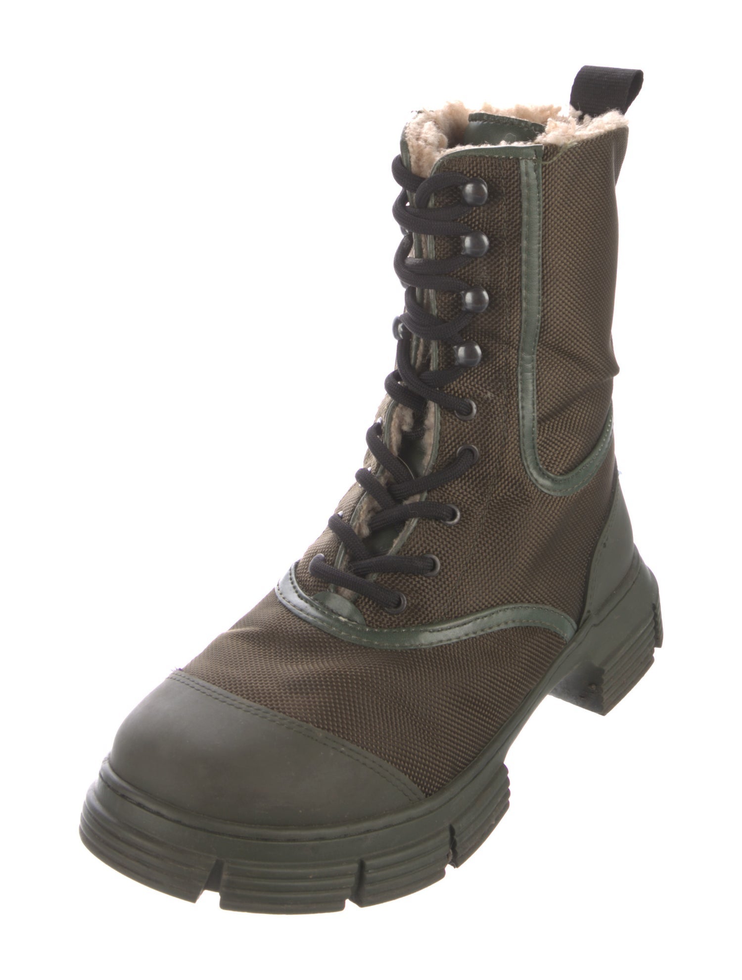 Ganni Canvas Leather Trim Embellishment Combat Boots