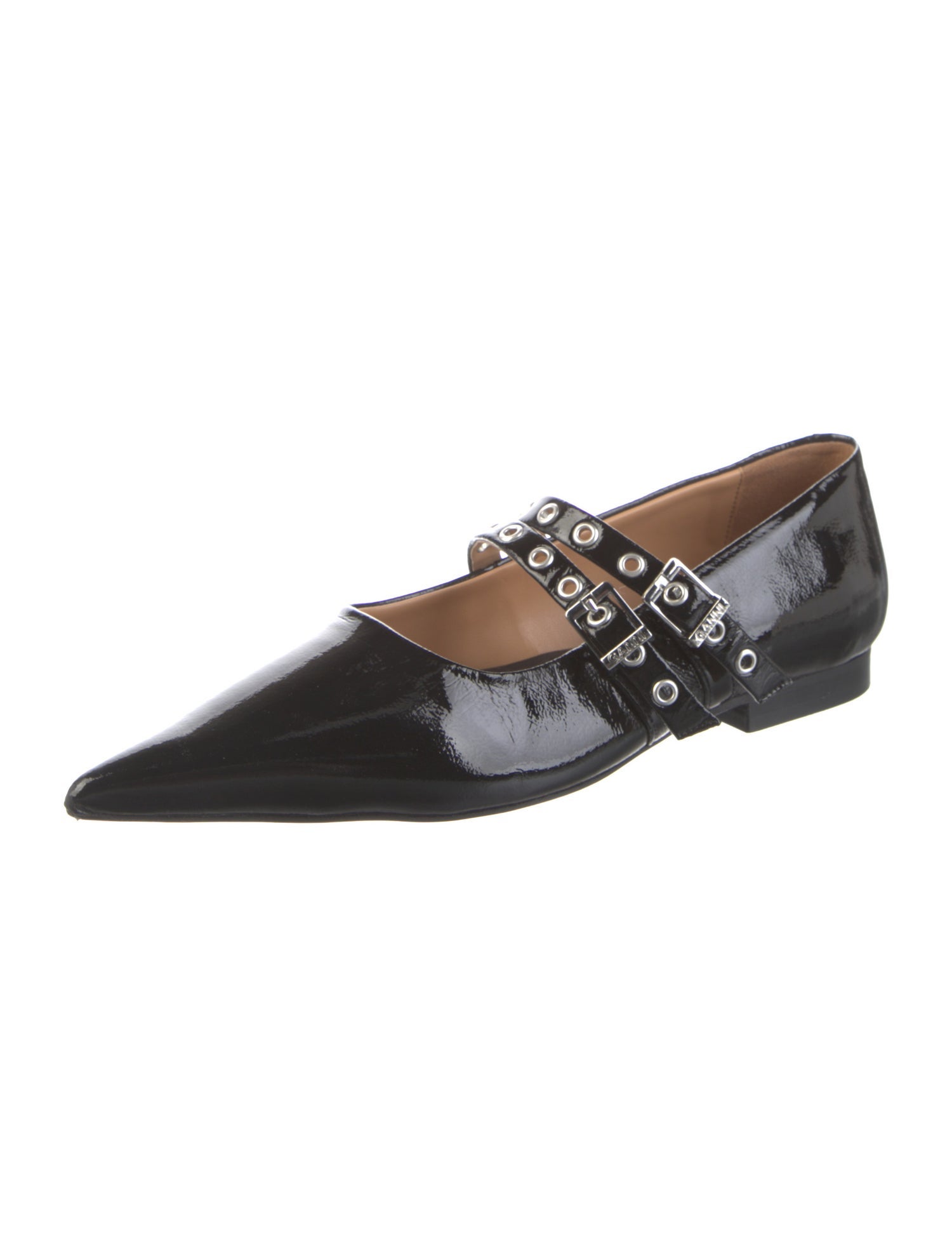 Ganni Patent Leather Lasercut Accents Mary Jane Flats
