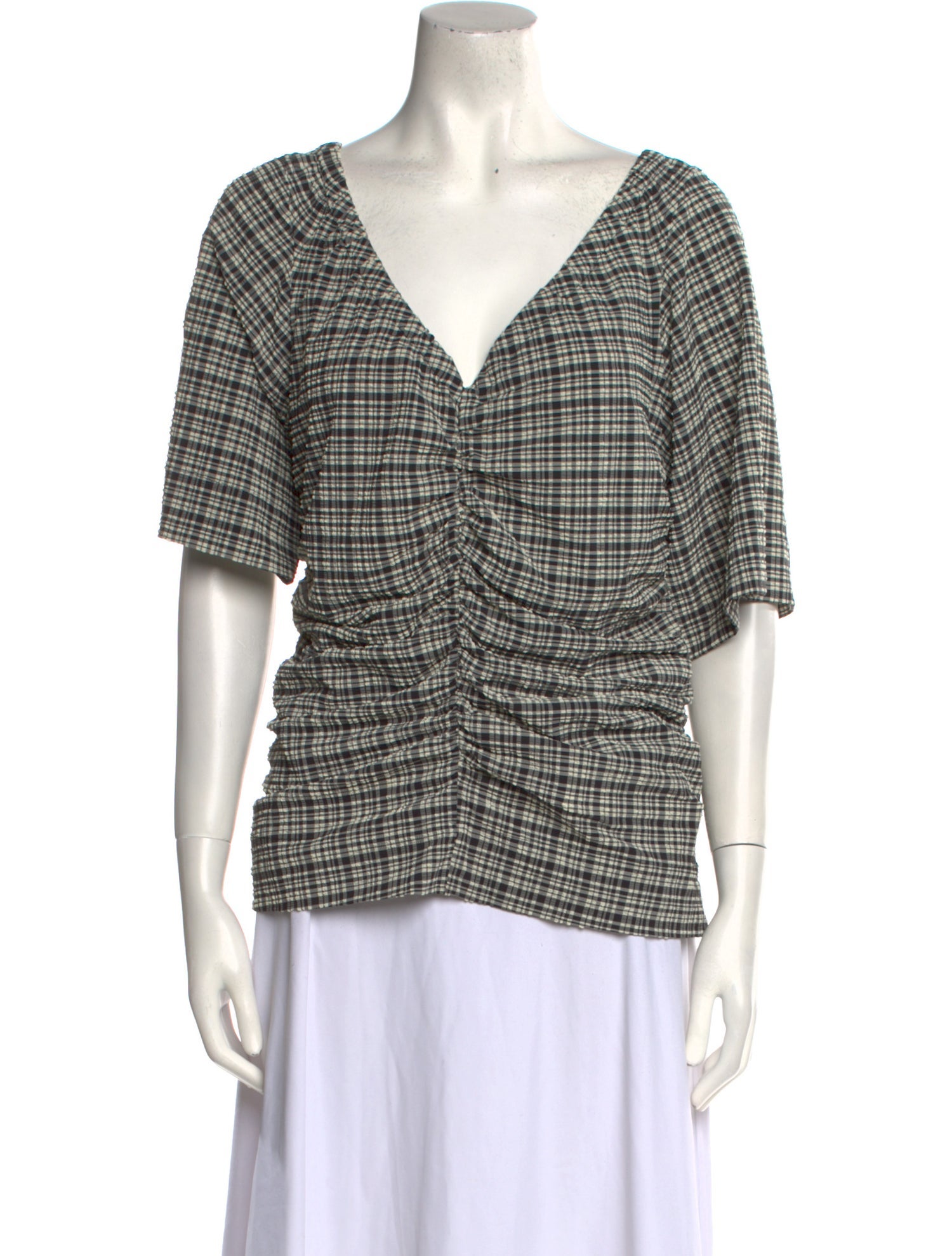 Ganni Plaid Print V-Neck Blouse