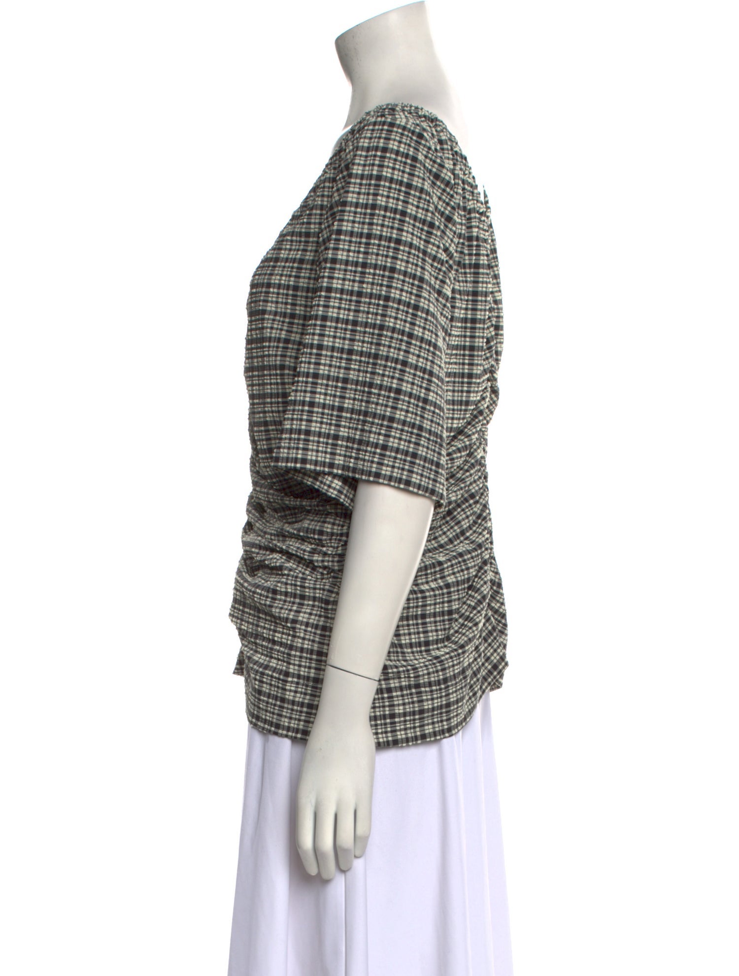 Ganni Plaid Print V-Neck Blouse