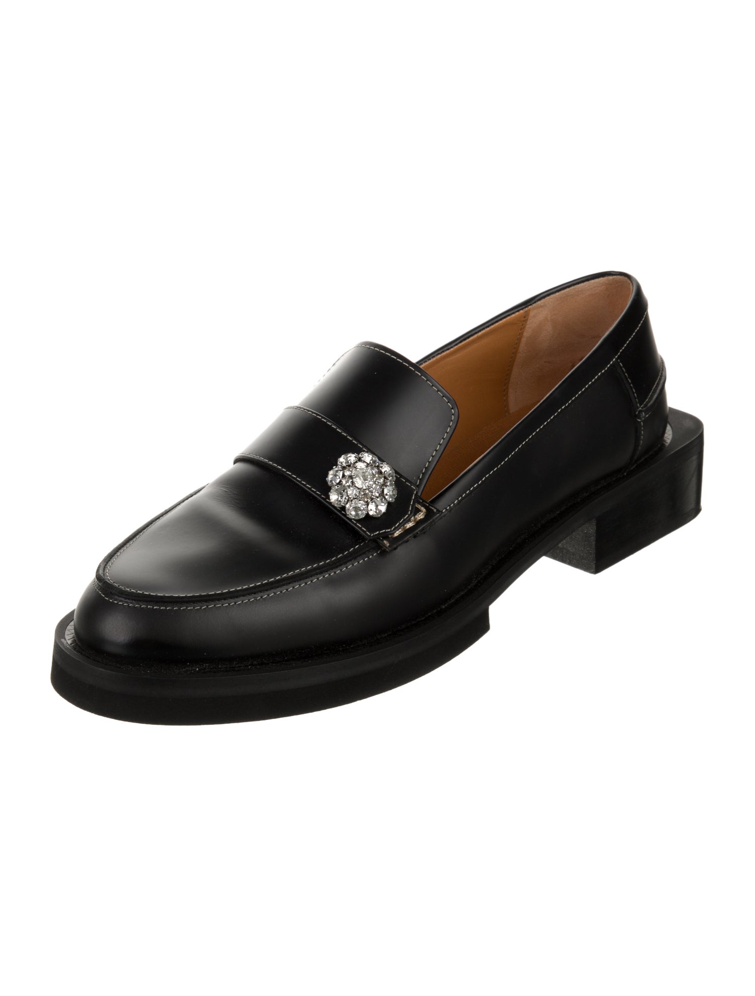 Ganni Leather Crystal Embellishments Loafers