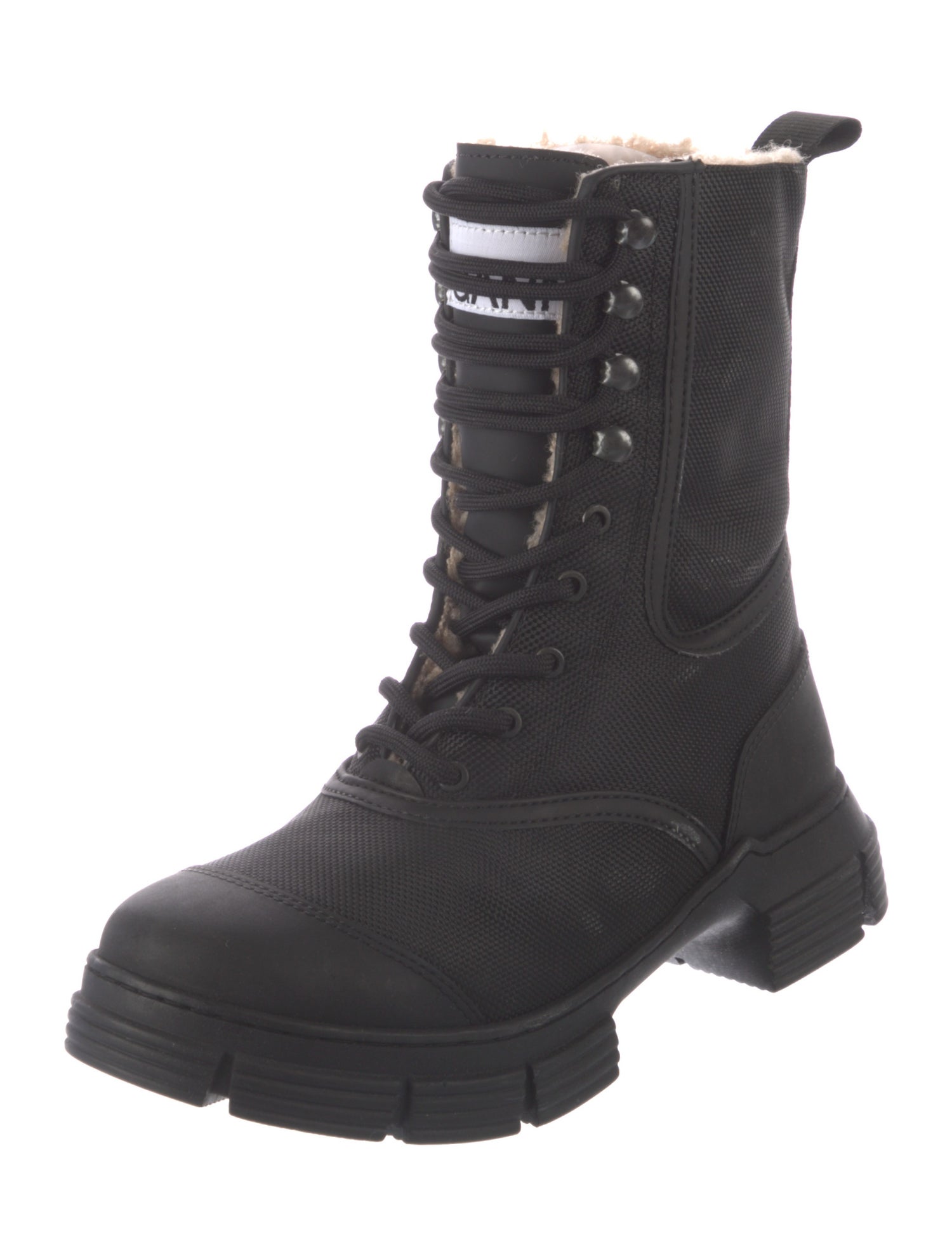 Ganni Canvas Fur Trim Combat Boots