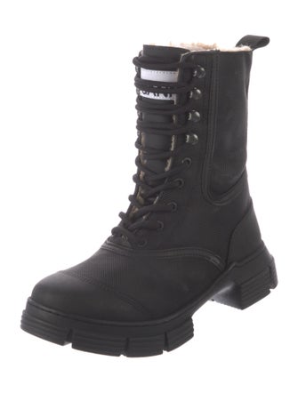 Ganni Canvas Fur Trim Combat Boots