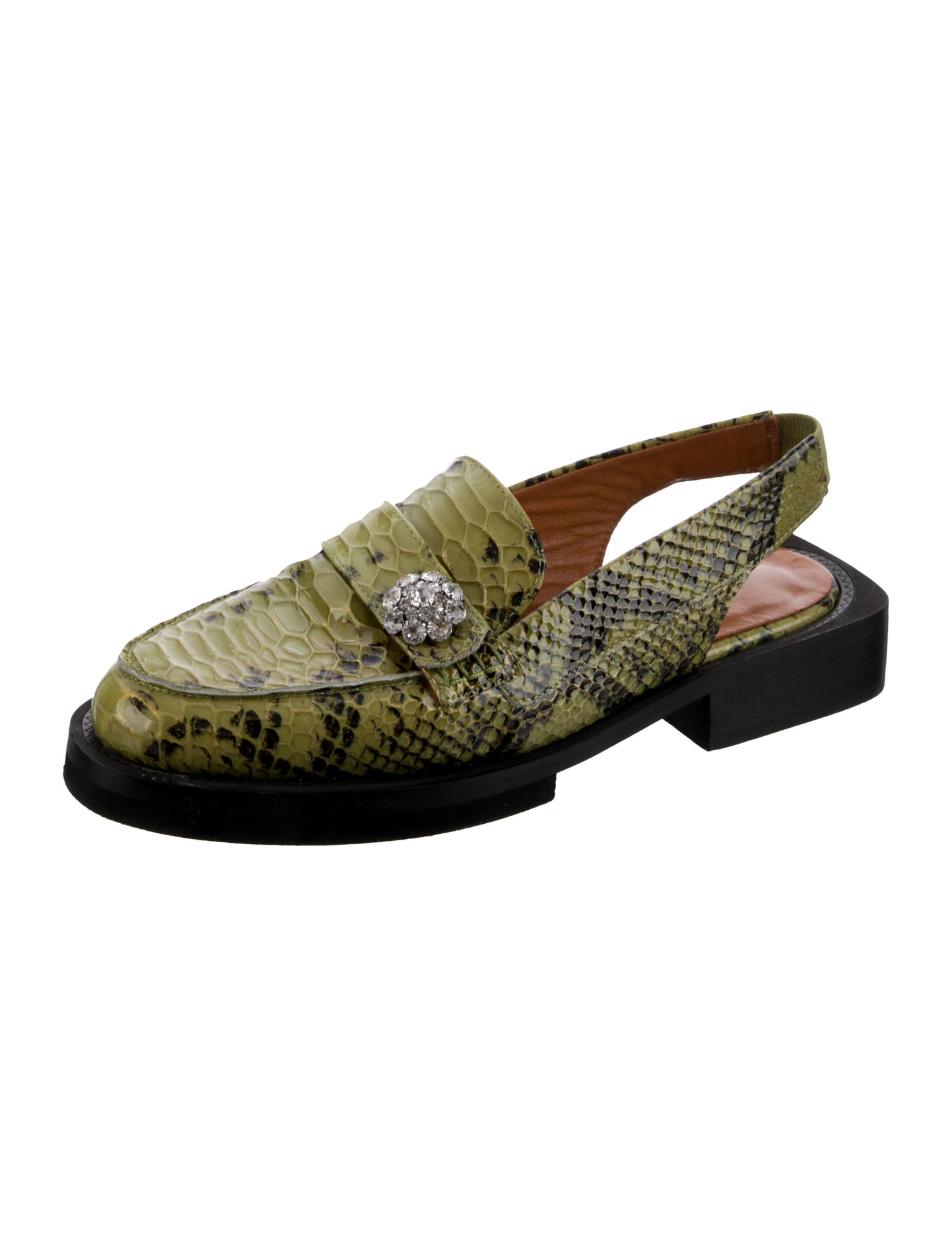 Ganni Patent Leather Animal Print Slingback Flats