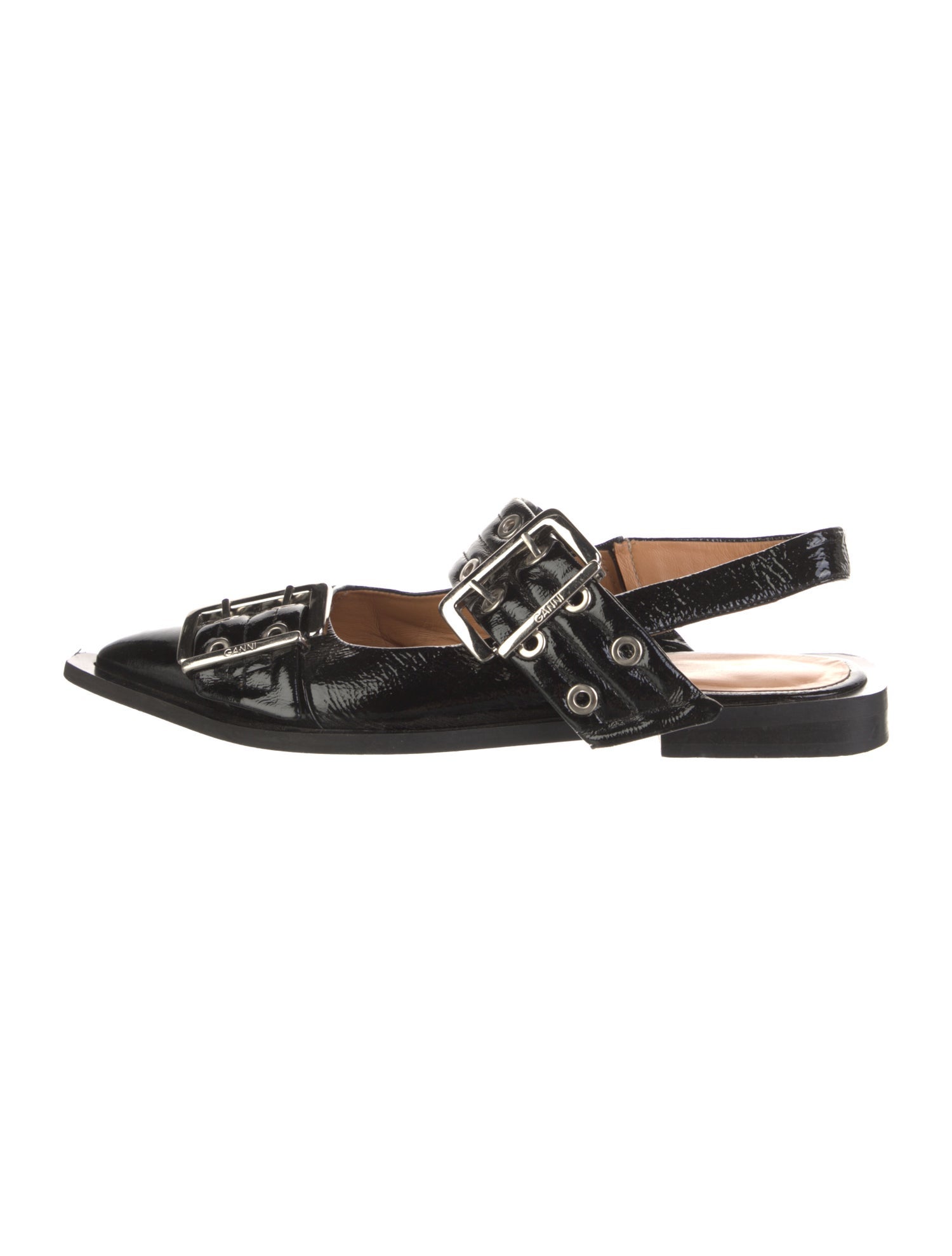 Ganni Patent Leather Leather Trim Embellishment Slingback Flats