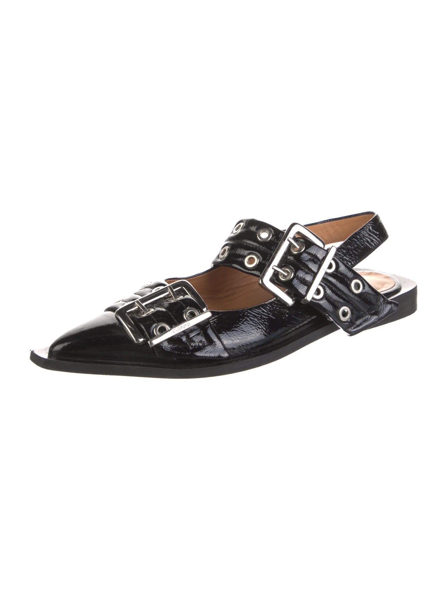Ganni Patent Leather Leather Trim Embellishment Slingback Flats