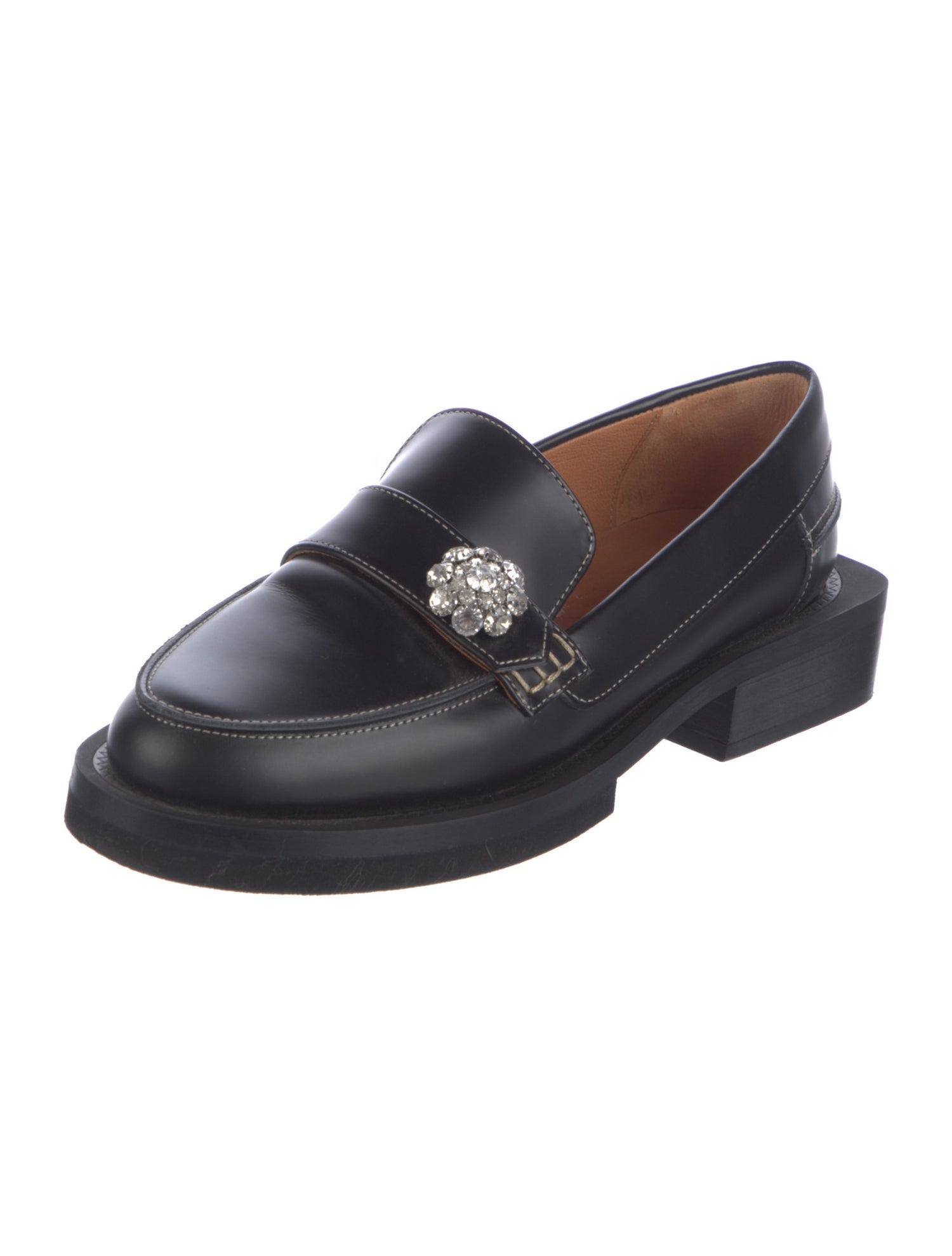 Ganni Leather Crystal Embellishments Loafers