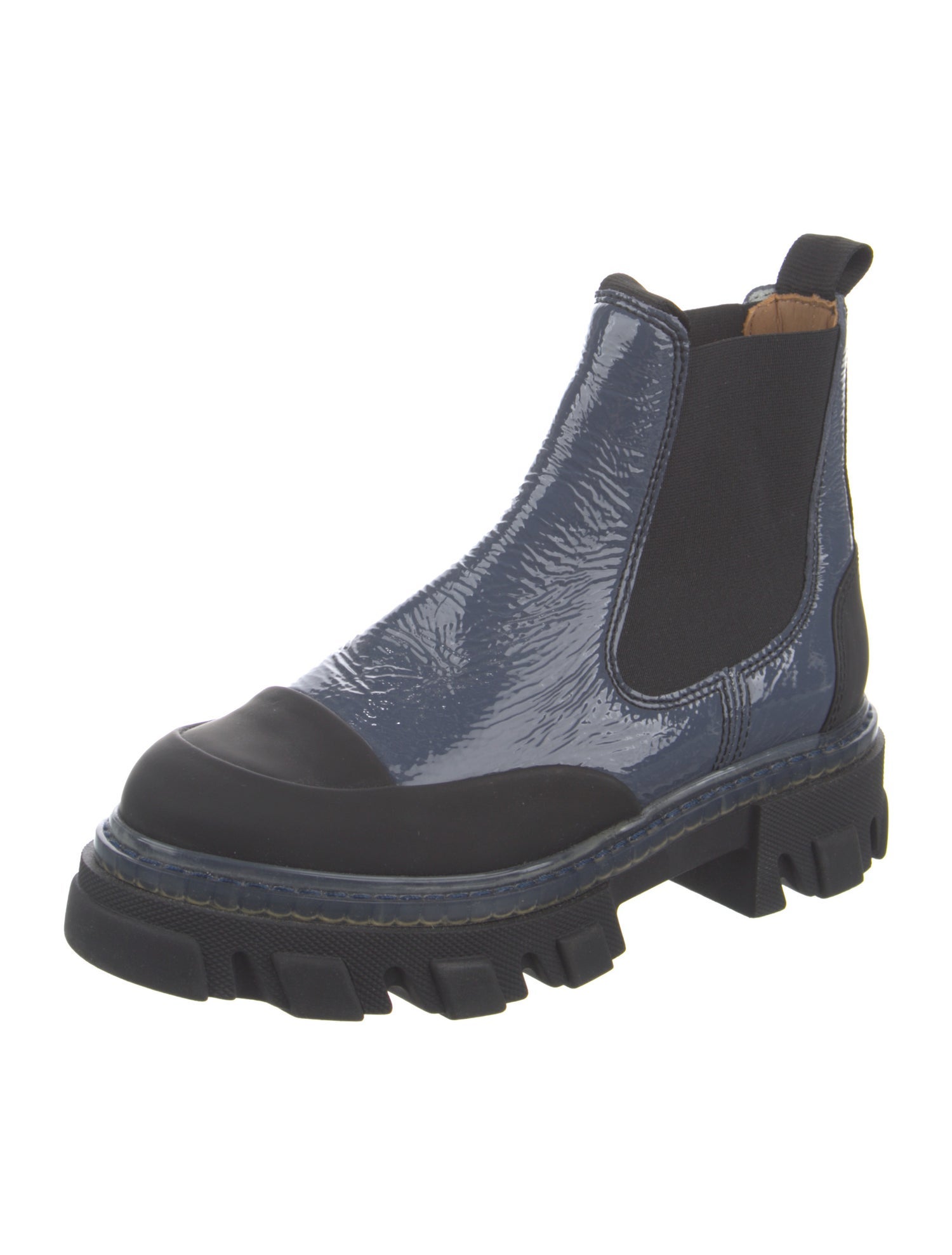 Ganni Patent Leather Colorblock Pattern Chelsea Boots