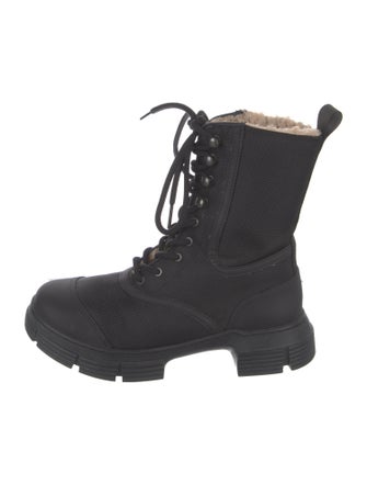 Ganni Leather Fur Trim Combat Boots