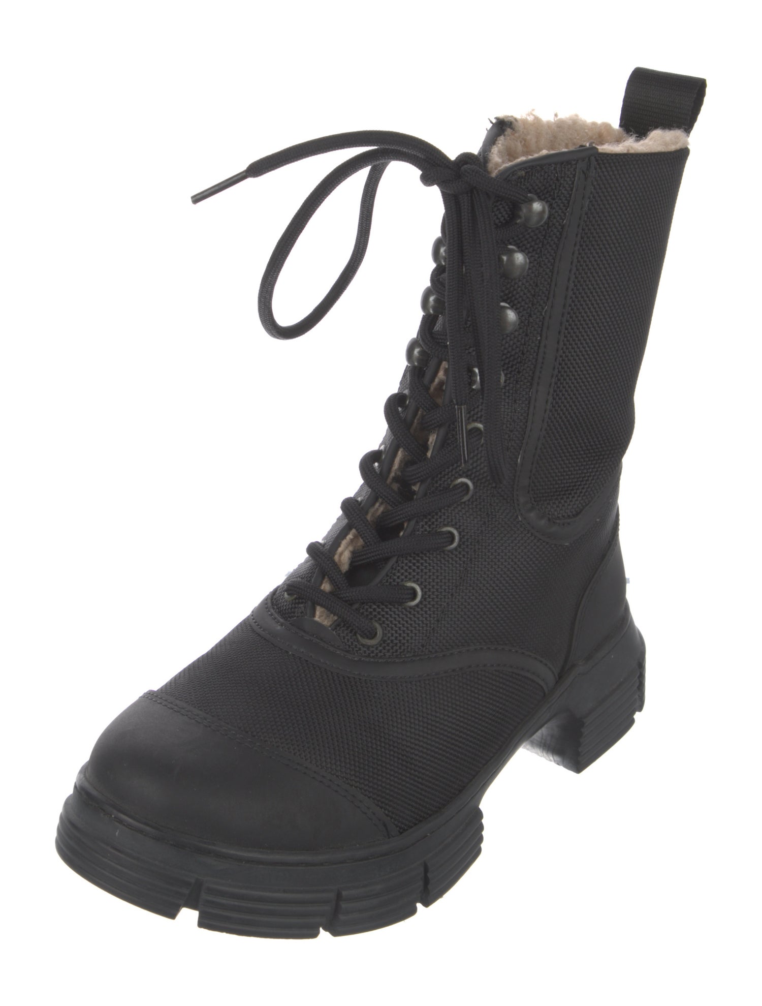 Ganni Leather Fur Trim Combat Boots