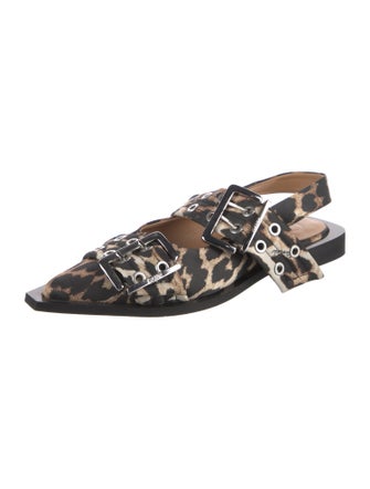 Ganni Satin Animal Print Slingback Flats
