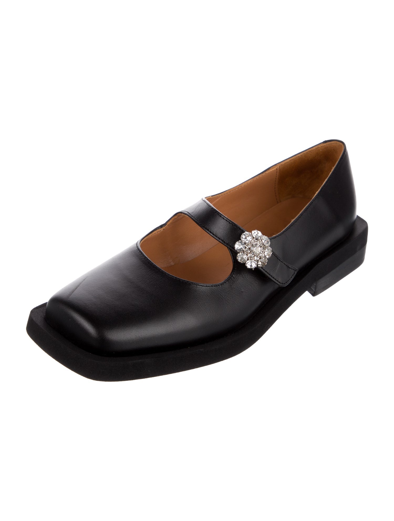Ganni Leather Crystal Embellishments Mary Jane Flats