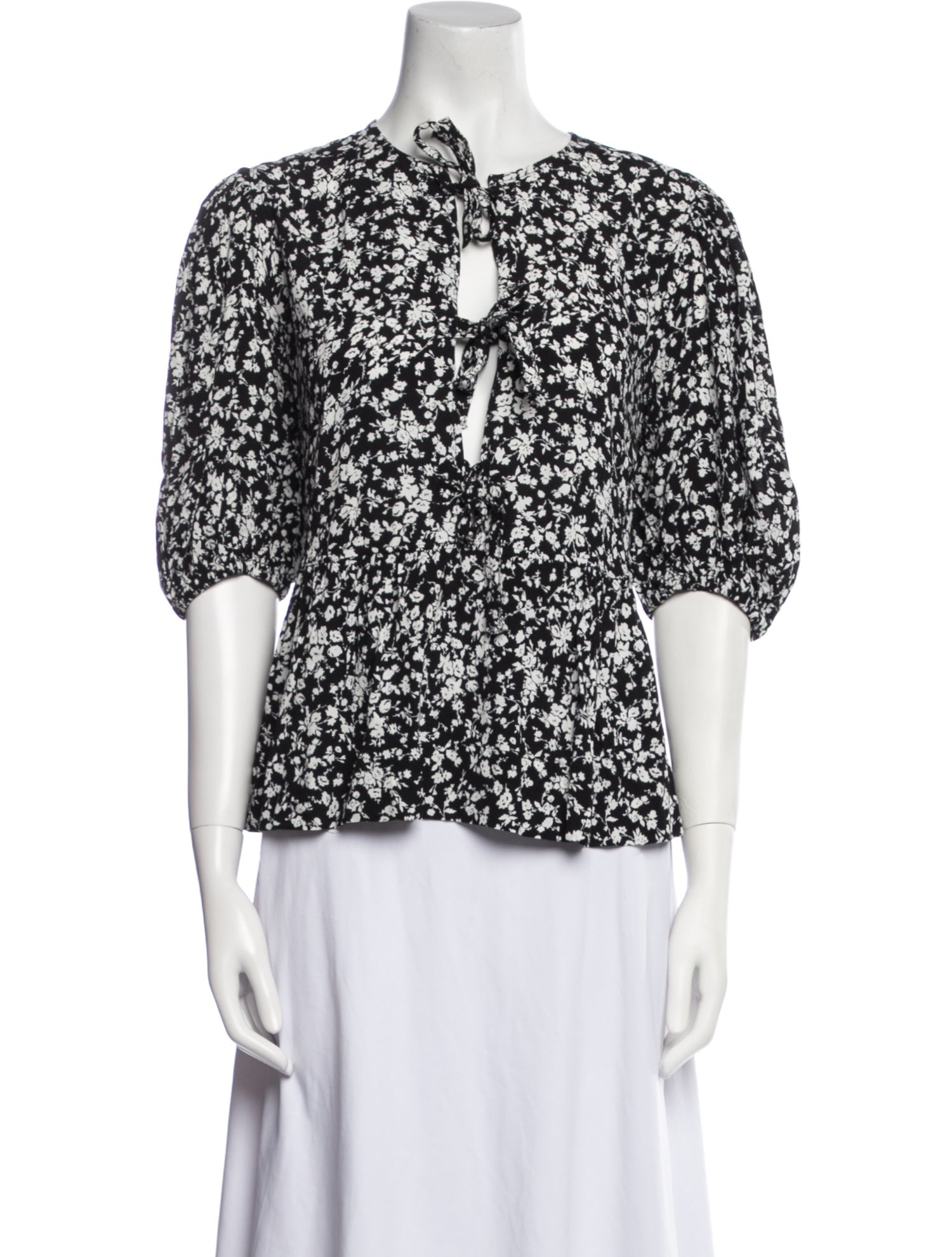 Ganni Floral Print Tie Neck Blouse