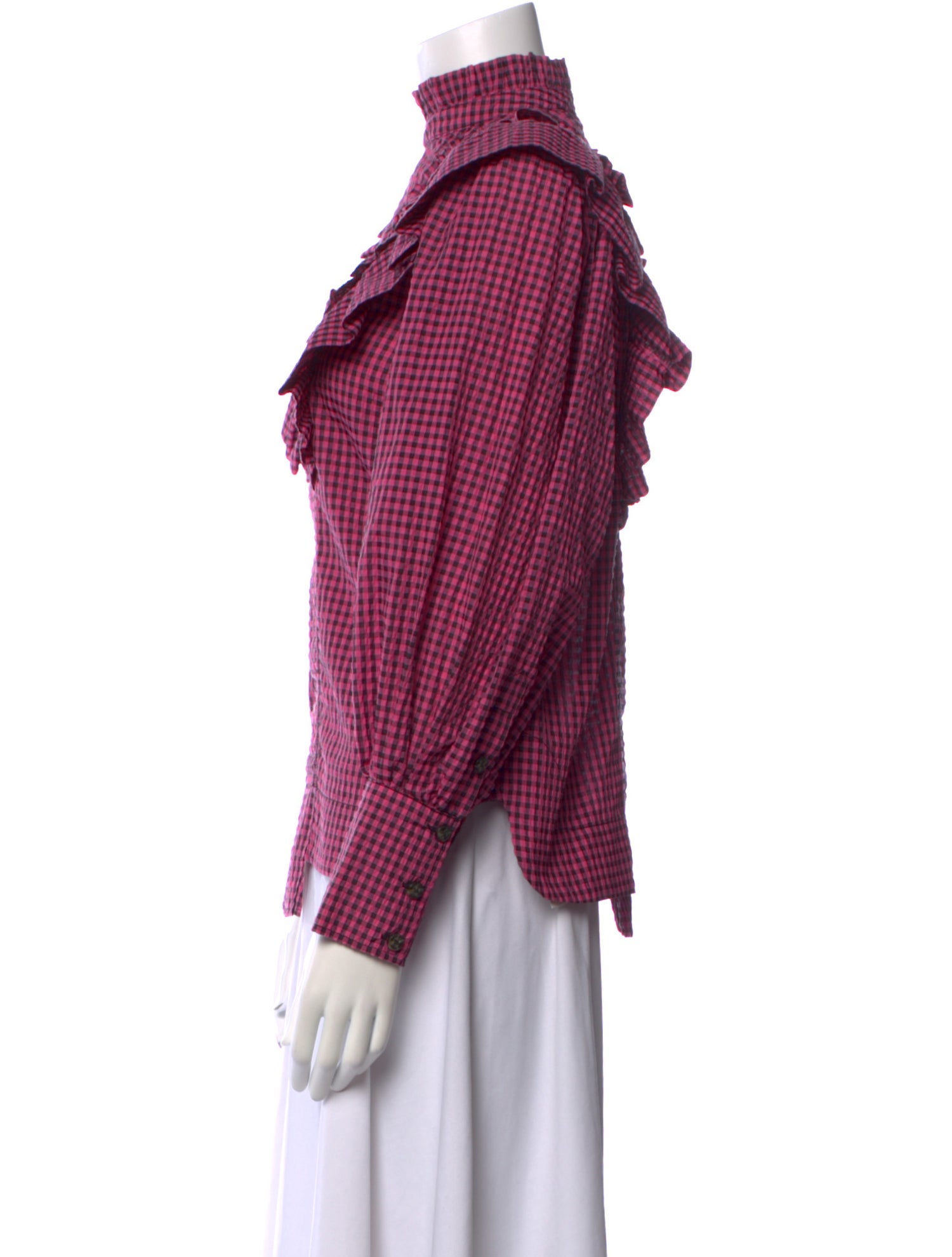 Ganni Plaid Print Mock Neck Blouse