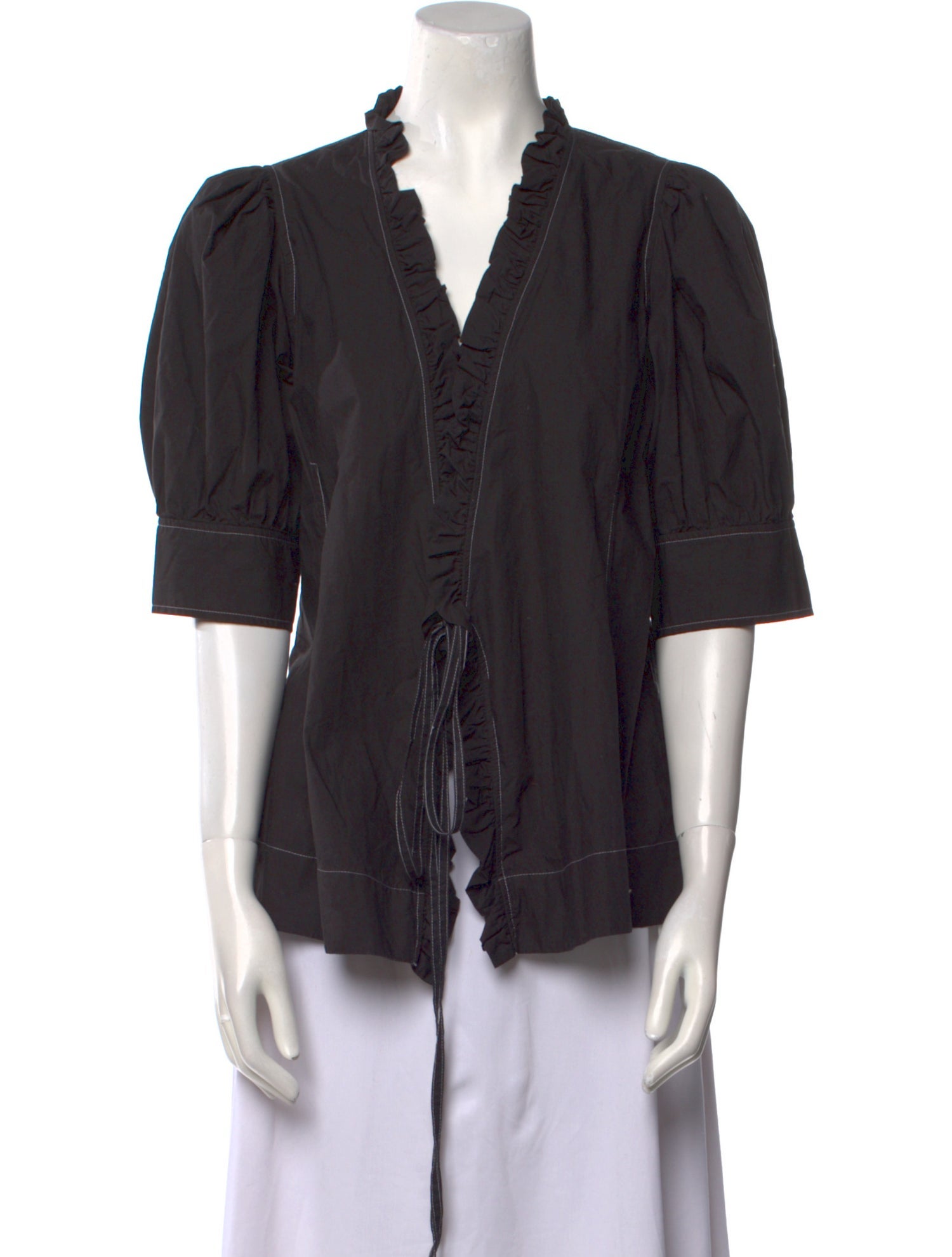 Ganni Plunge Neckline Three-Quarter Sleeve Blouse