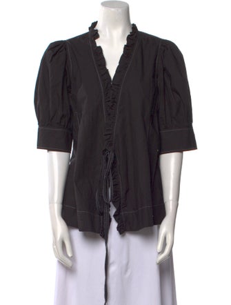 Ganni Plunge Neckline Three-Quarter Sleeve Blouse