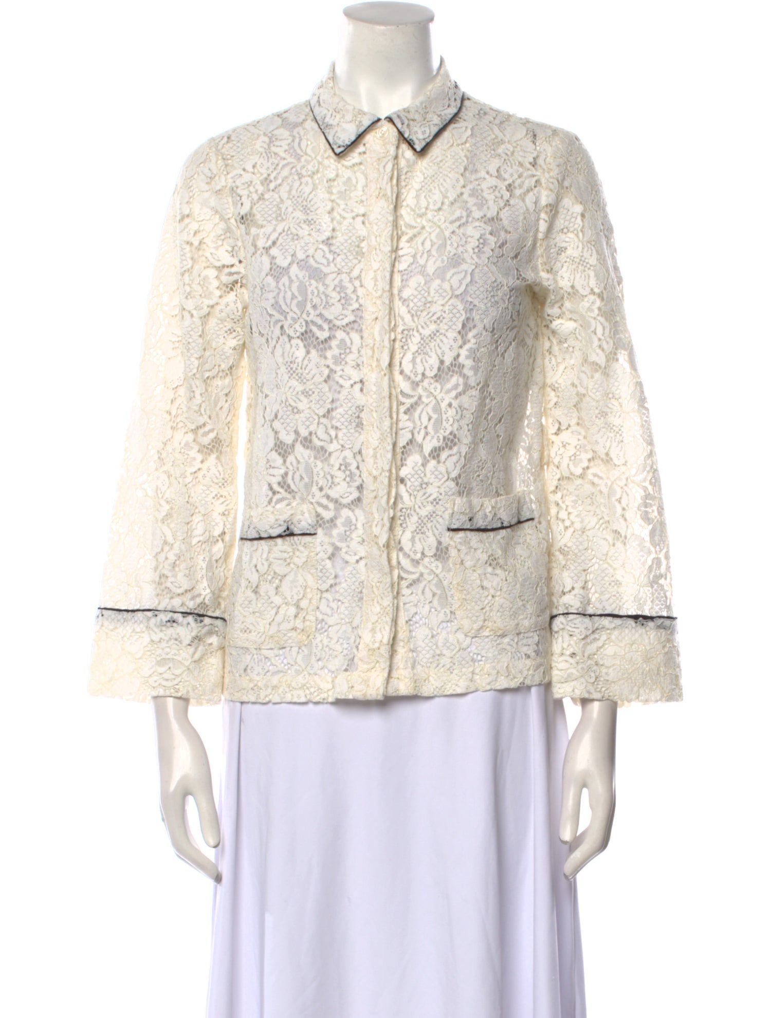 Ganni Lace Pattern Three-Quarter Sleeve Button-Up Top