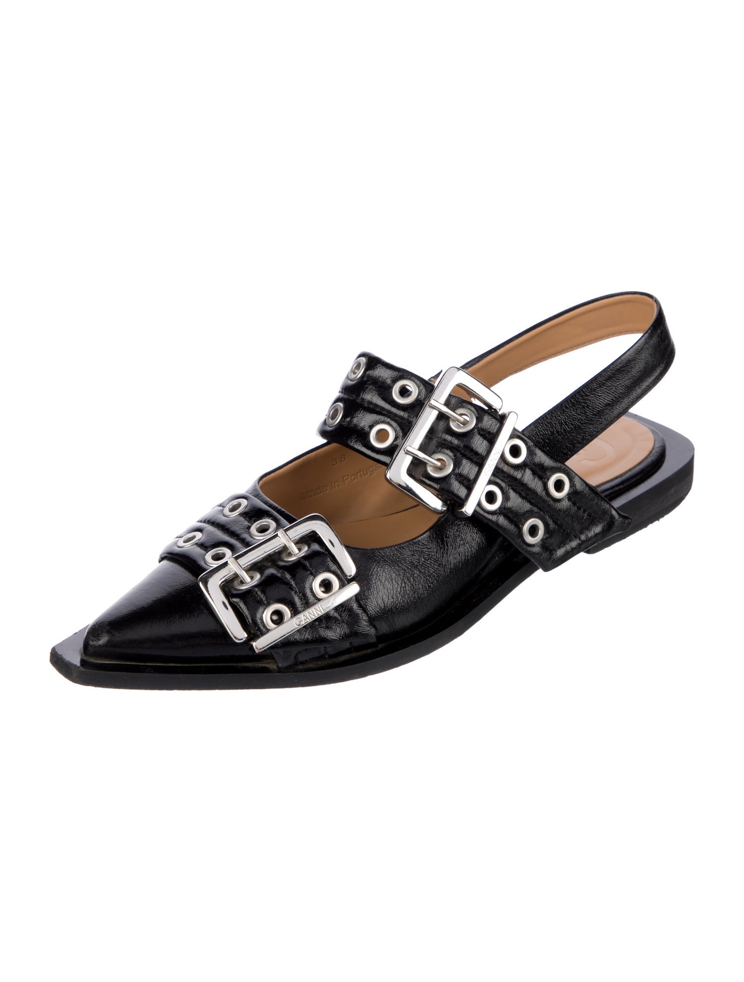 Ganni Leather Eyelet Trim Slingback Flats