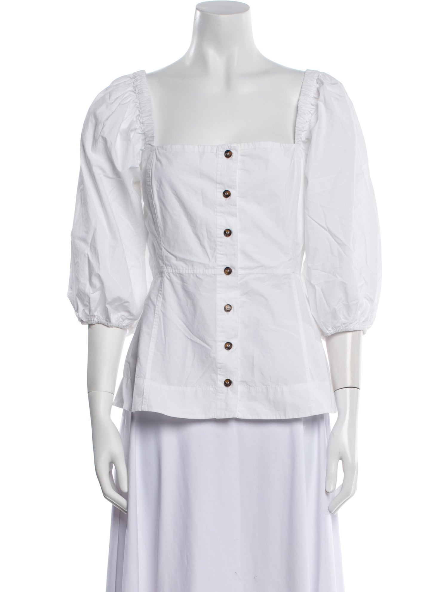 Ganni Square Neckline Three-Quarter Sleeve Button-Up Top