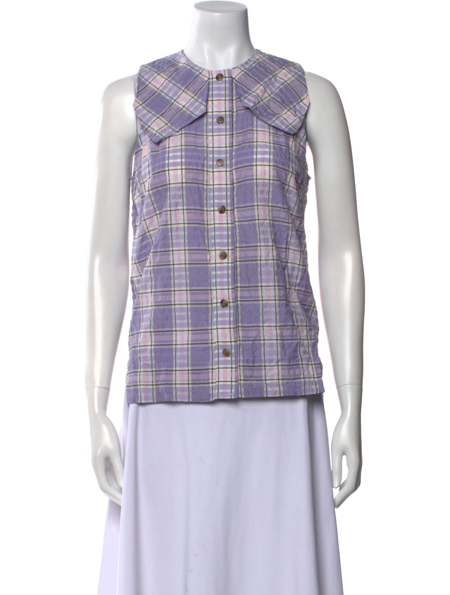 Ganni Plaid Print Crew Neck Top w/ Tags