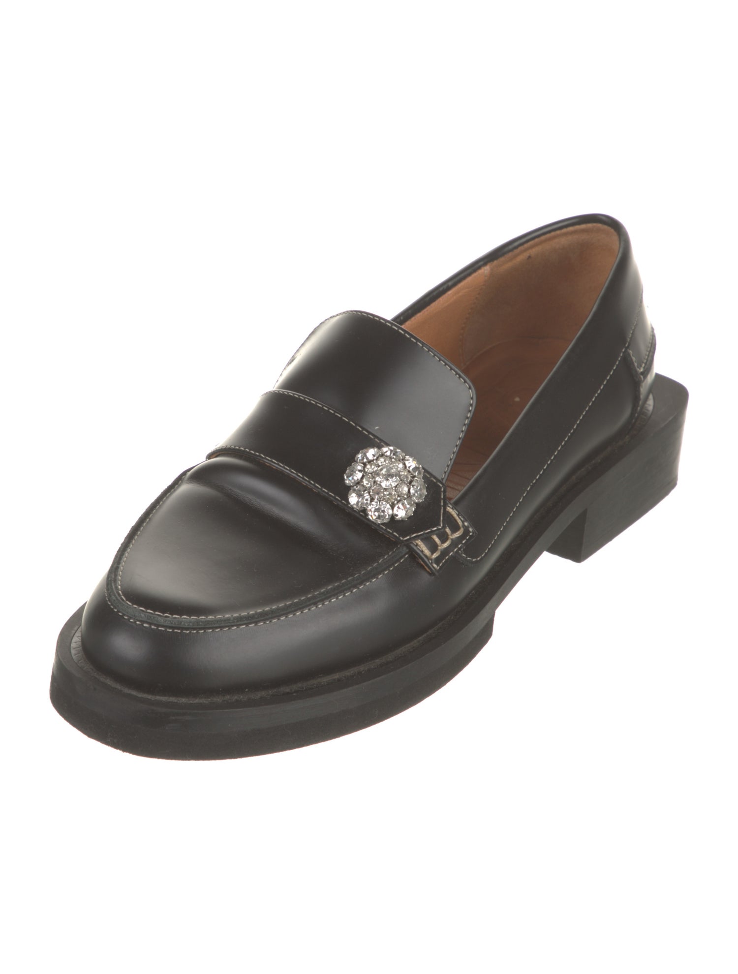 Ganni Leather Crystal Embellishments Loafers