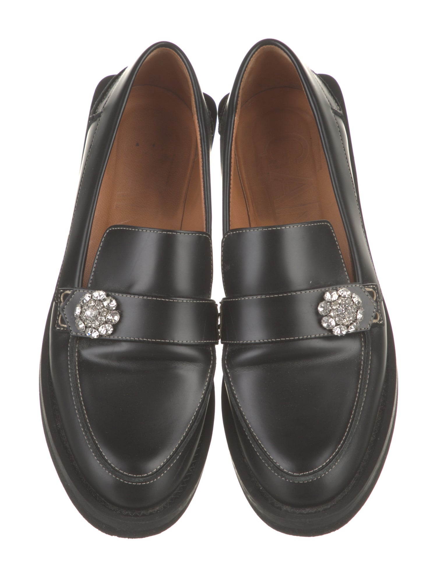 Ganni Leather Crystal Embellishments Loafers