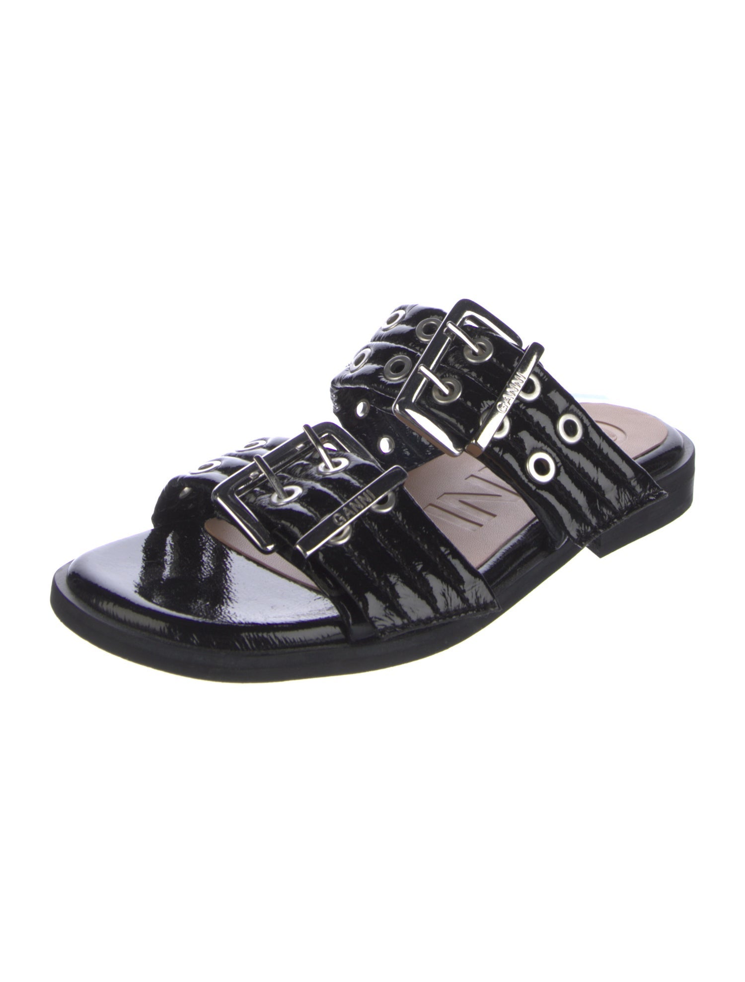 Ganni Patent Leather Eyelet Trim Slides
