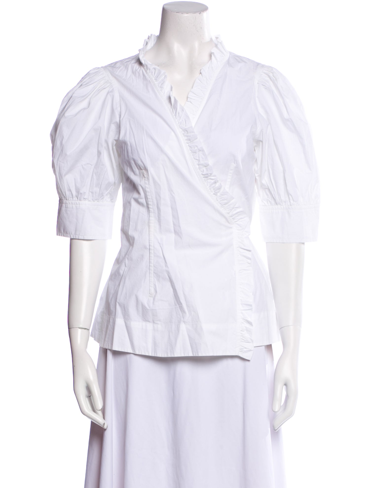 Ganni V-Neck Three-Quarter Sleeve Button-Up Top