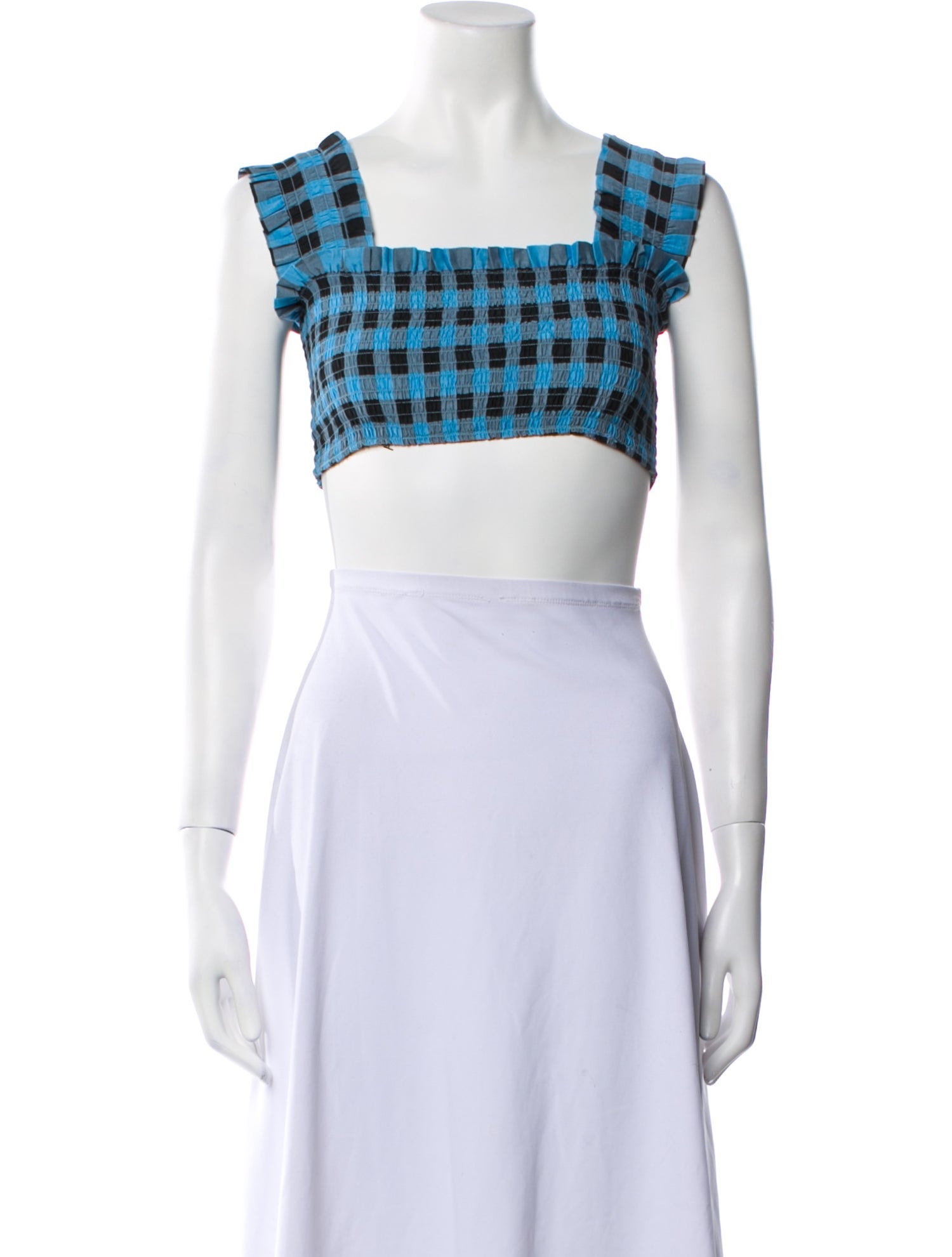 Ganni Plaid Print Square Neckline Crop Top