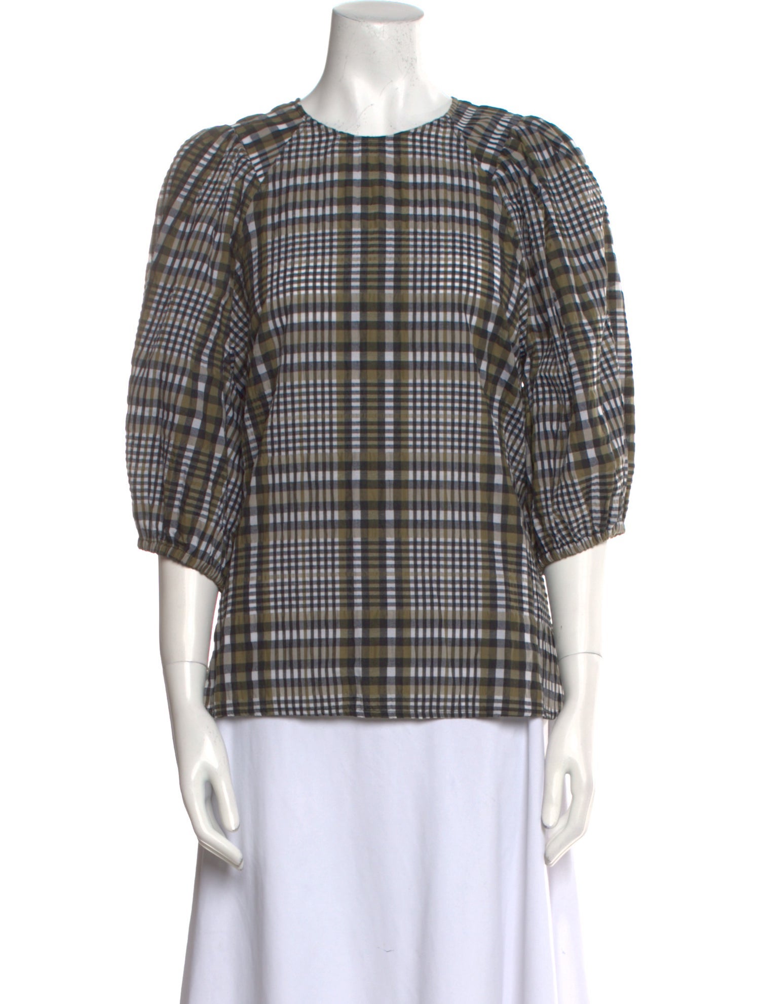 Ganni Plaid Print Crew Neck Blouse