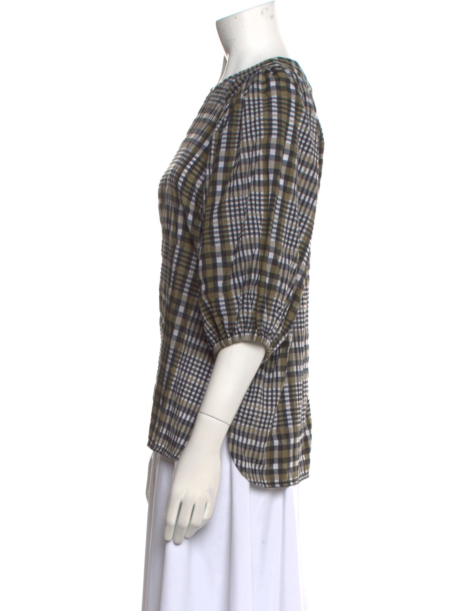 Ganni Plaid Print Crew Neck Blouse