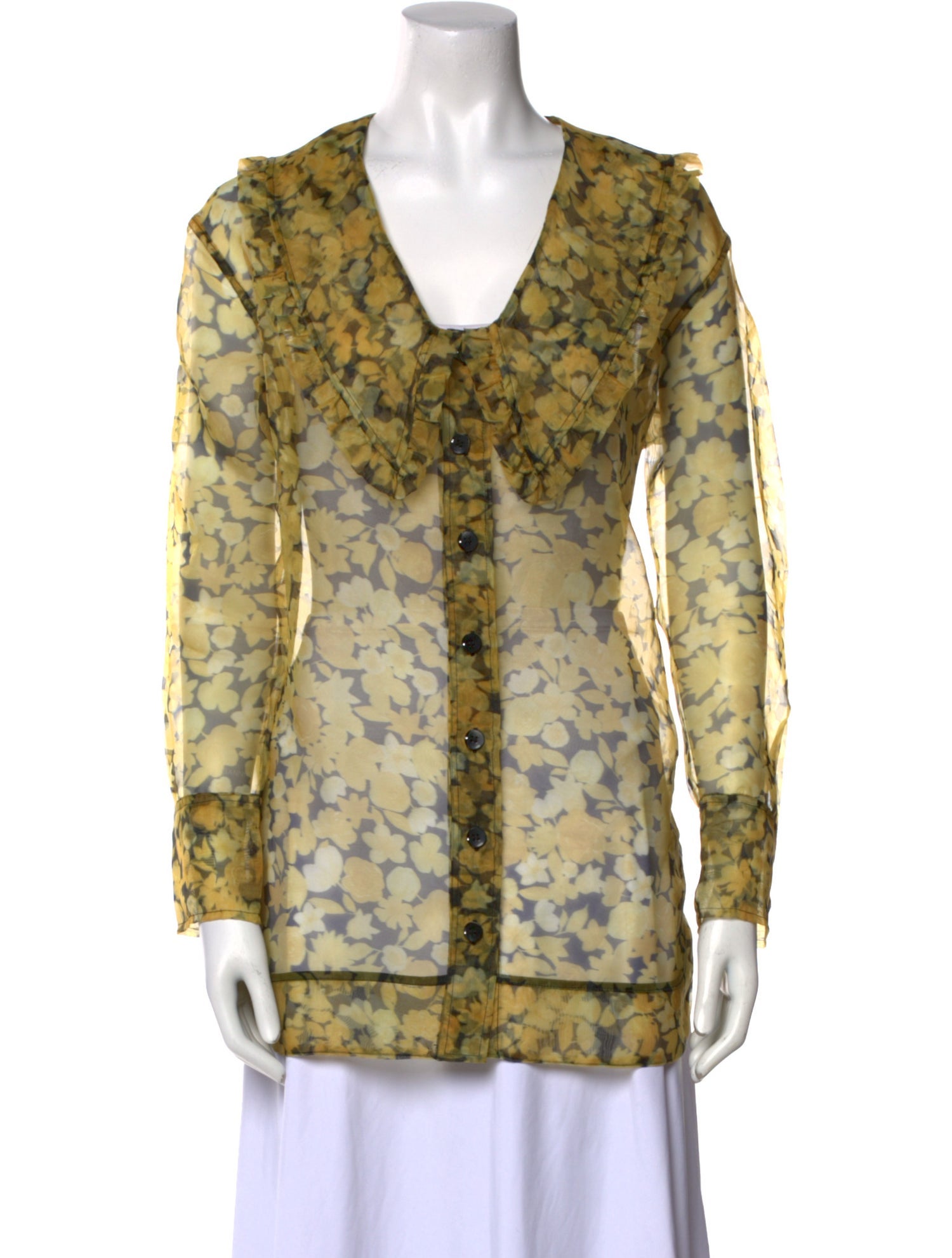Ganni Floral Print Cowl Neck Button-Up Top