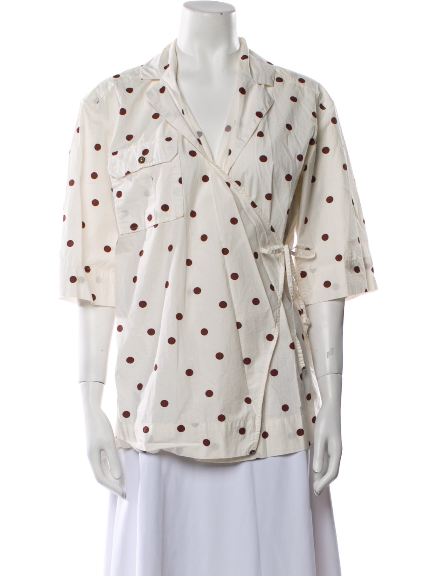 Ganni Polka Dot Print Three-Quarter Sleeve Button-Up Top