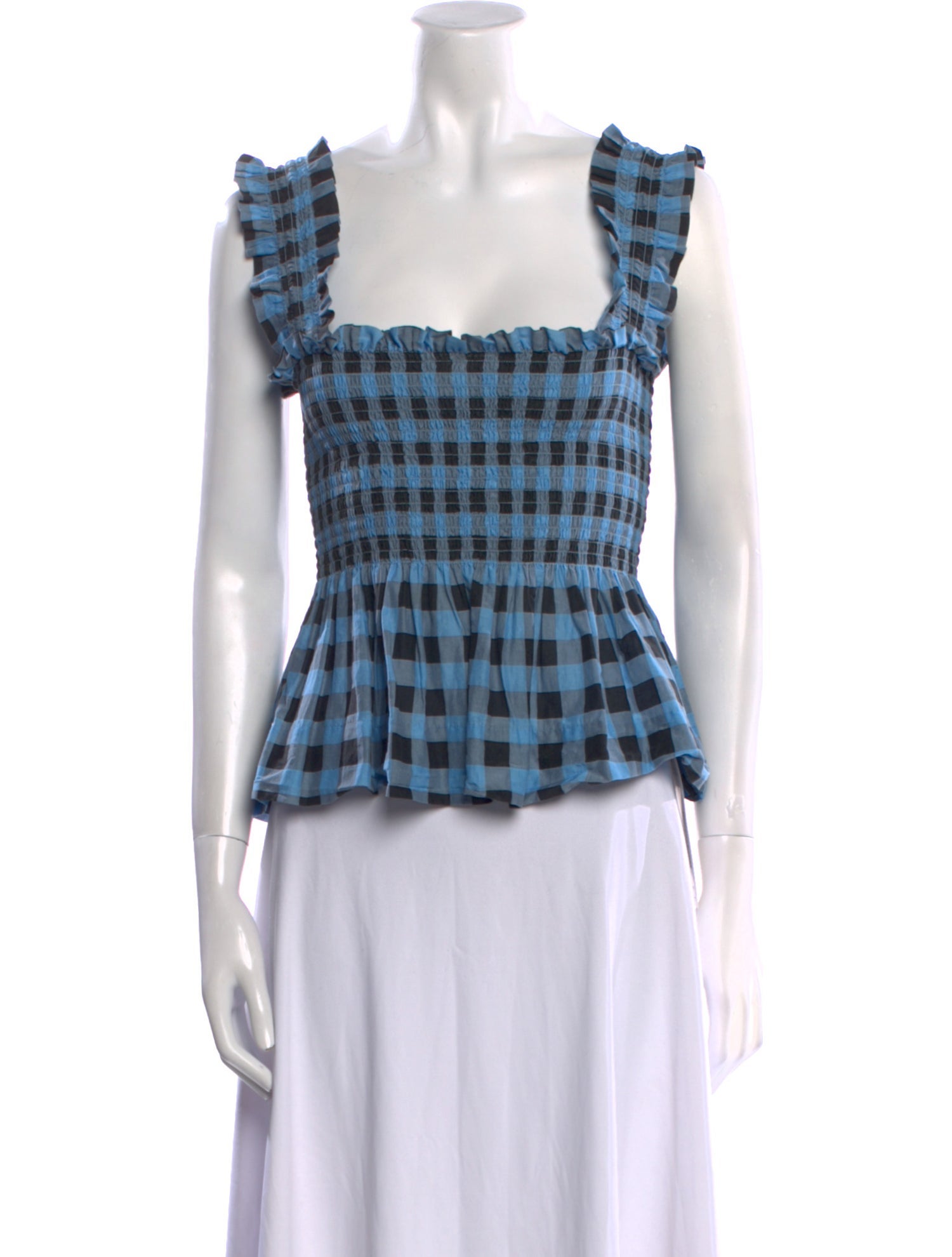 Ganni Plaid Print Square Neckline Crop Top