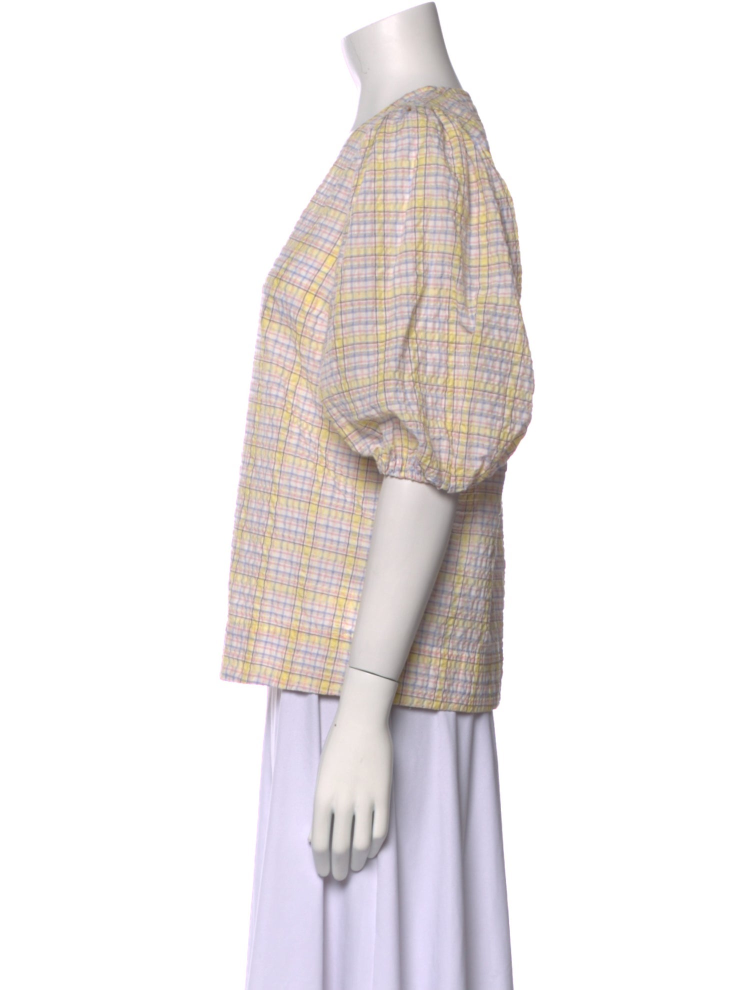 Ganni Plaid Print V-Neck Top