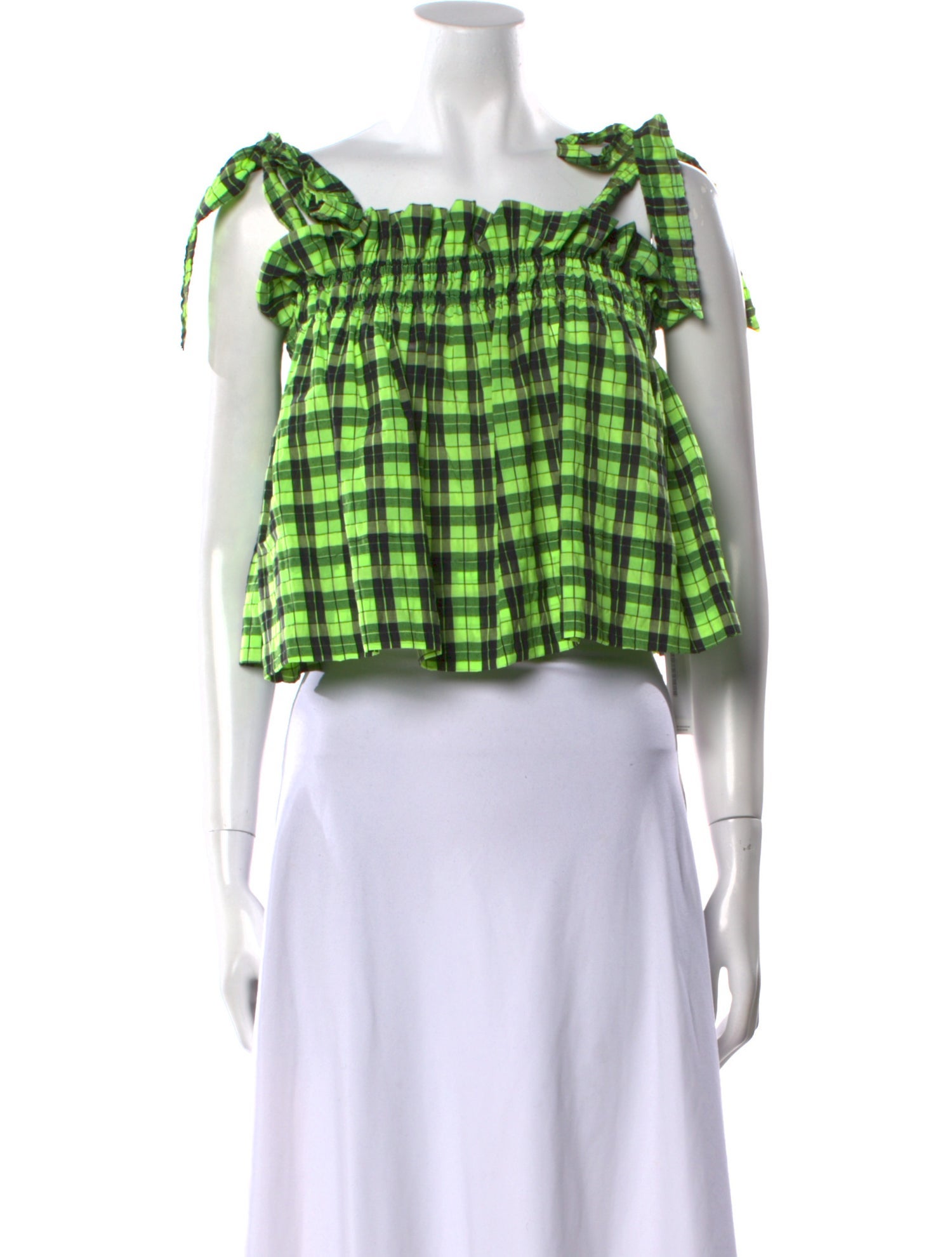 Ganni Plaid Print Square Neckline Crop Top