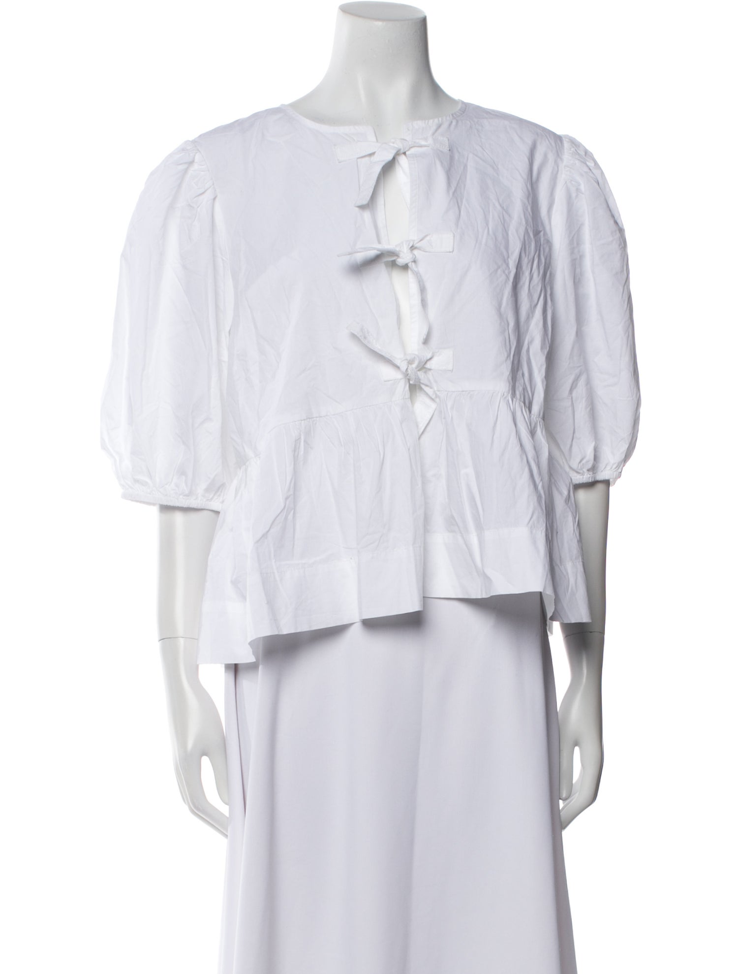 Ganni Tie Neck Three-Quarter Sleeve Crop Top