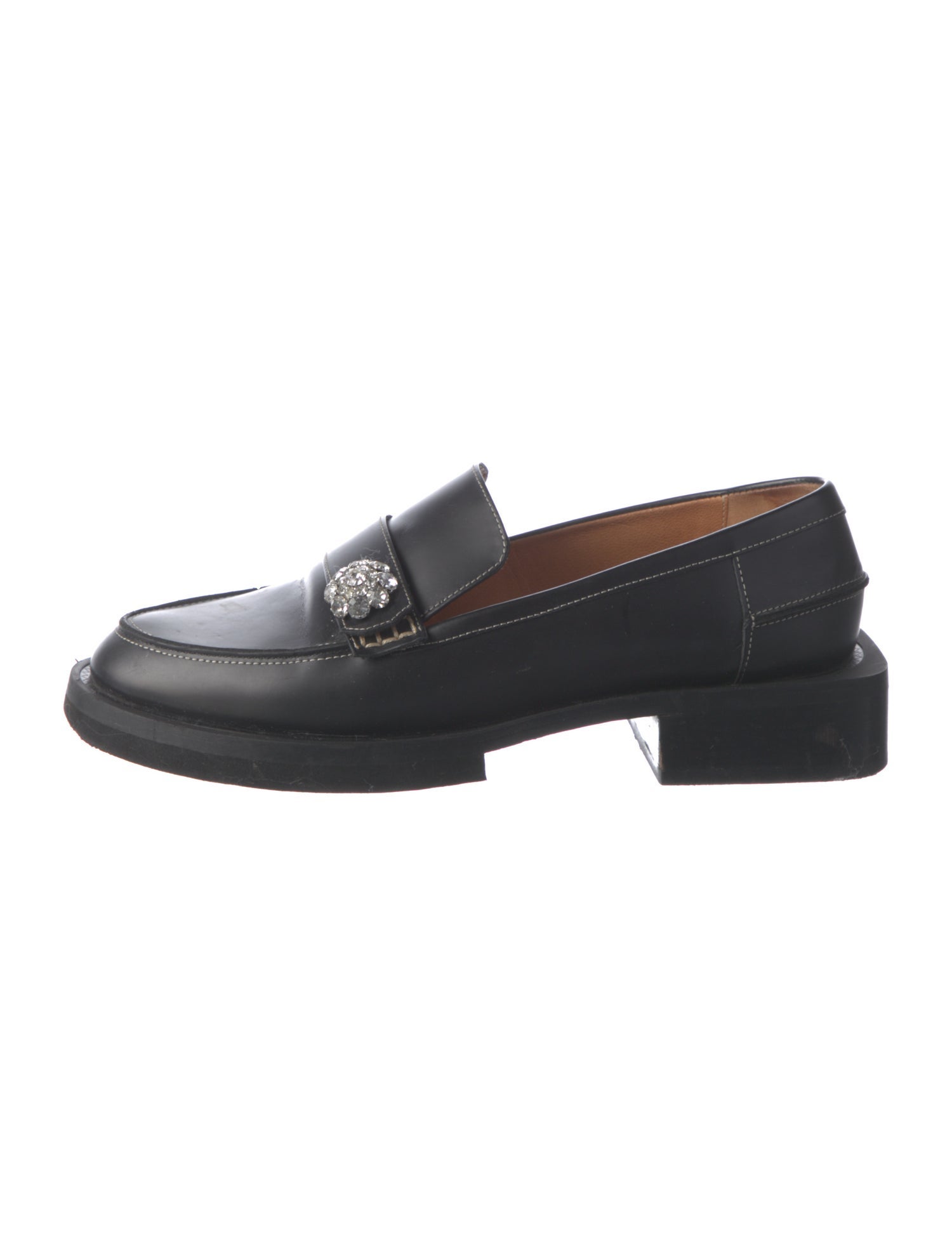 Ganni Leather Crystal Embellishments Loafers