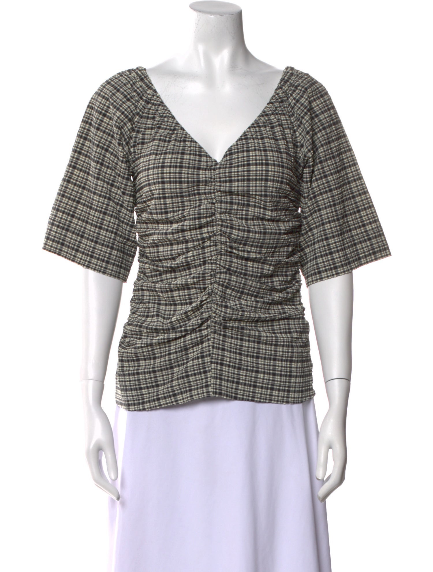 Ganni Plaid Print V-Neck Top w/ Tags