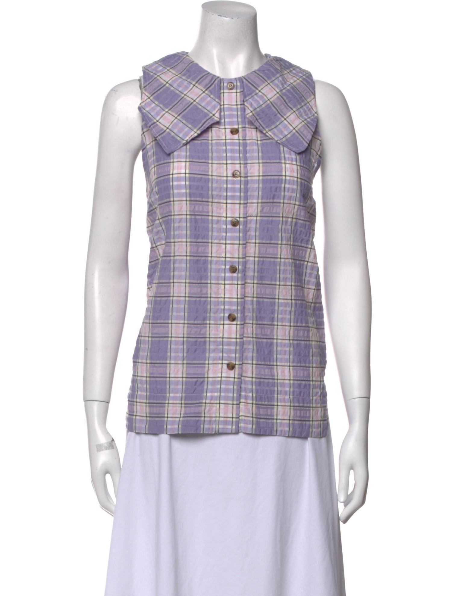 Ganni Plaid Print Crew Neck Top