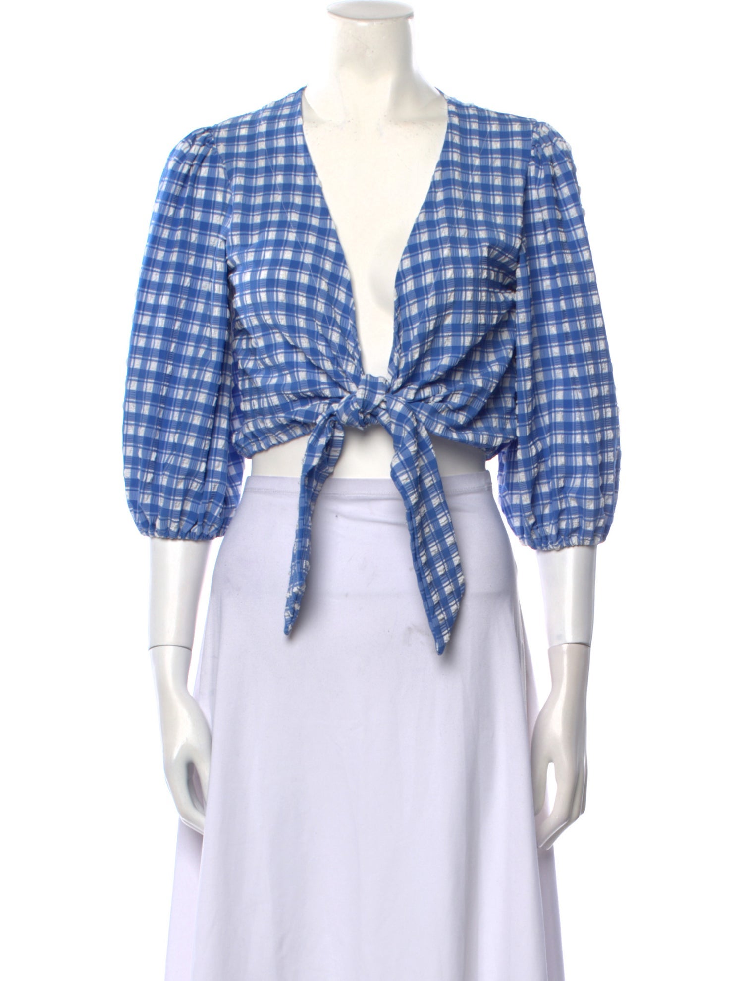 Ganni Plaid Print V-Neck Crop Top