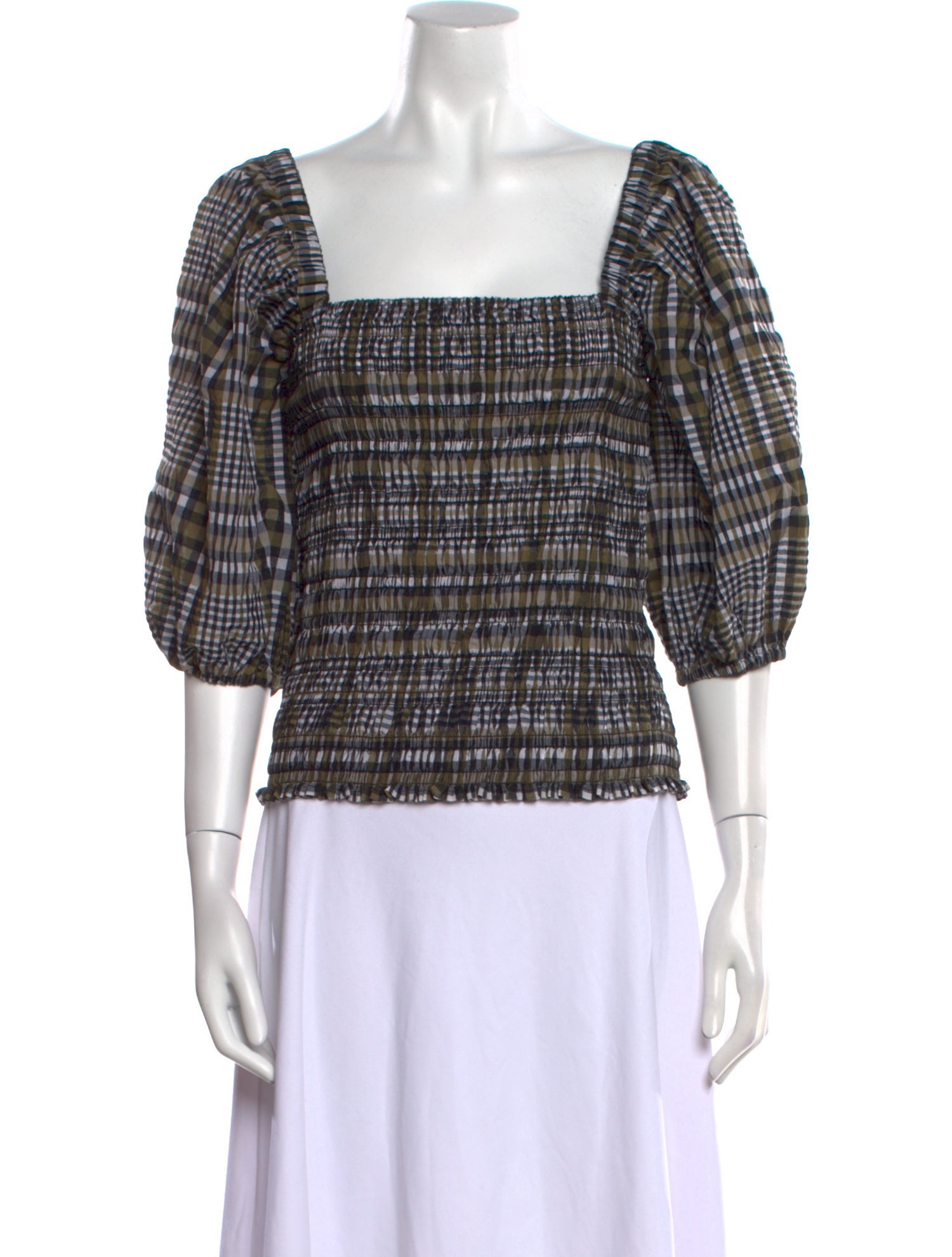 Ganni Plaid Print Square Neckline Crop Top