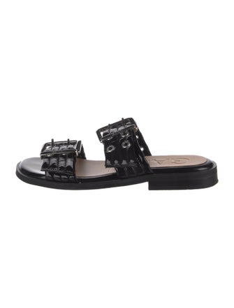 Ganni Patent Leather Eyelet Trim Slides