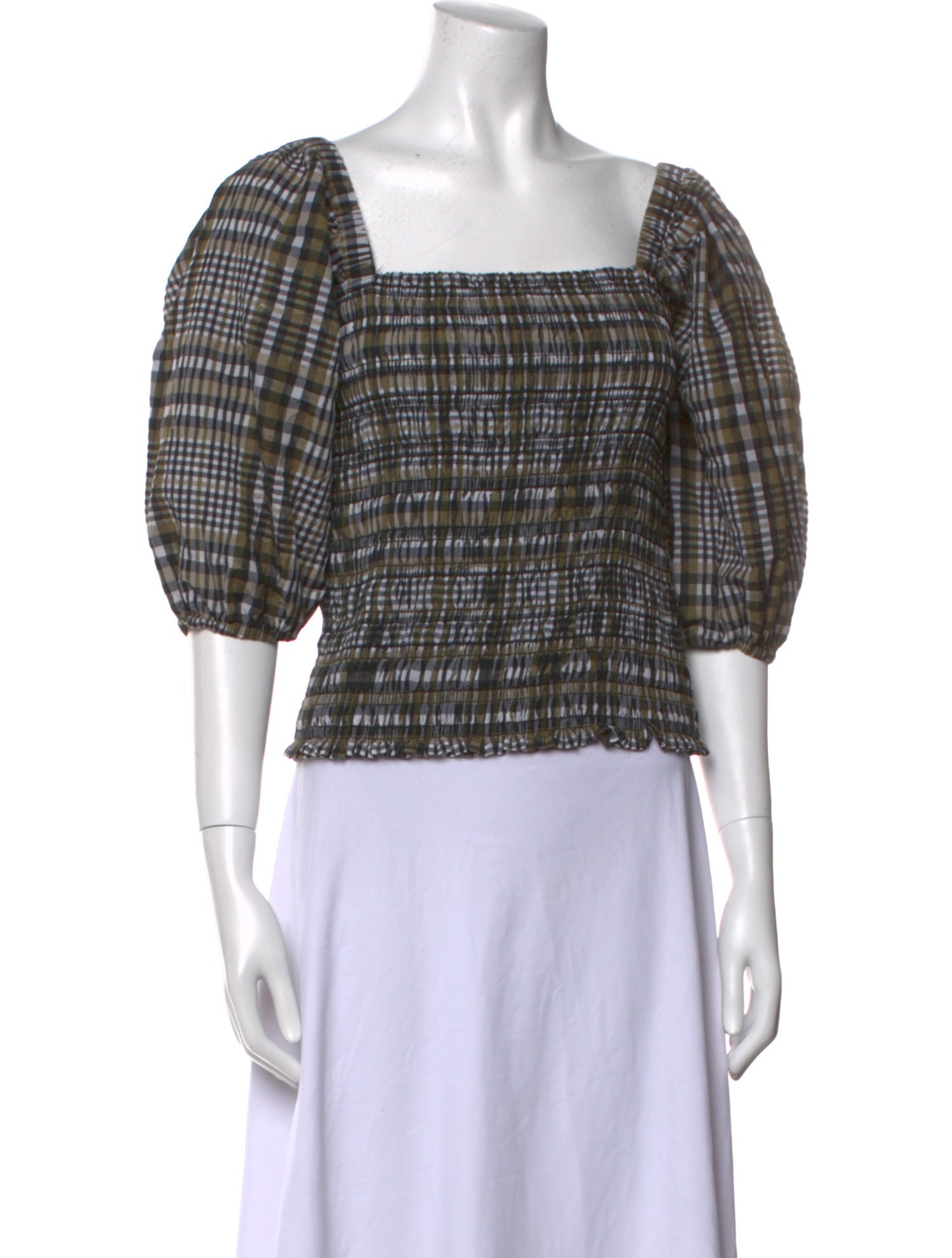 Ganni Plaid Print Square Neckline Crop Top