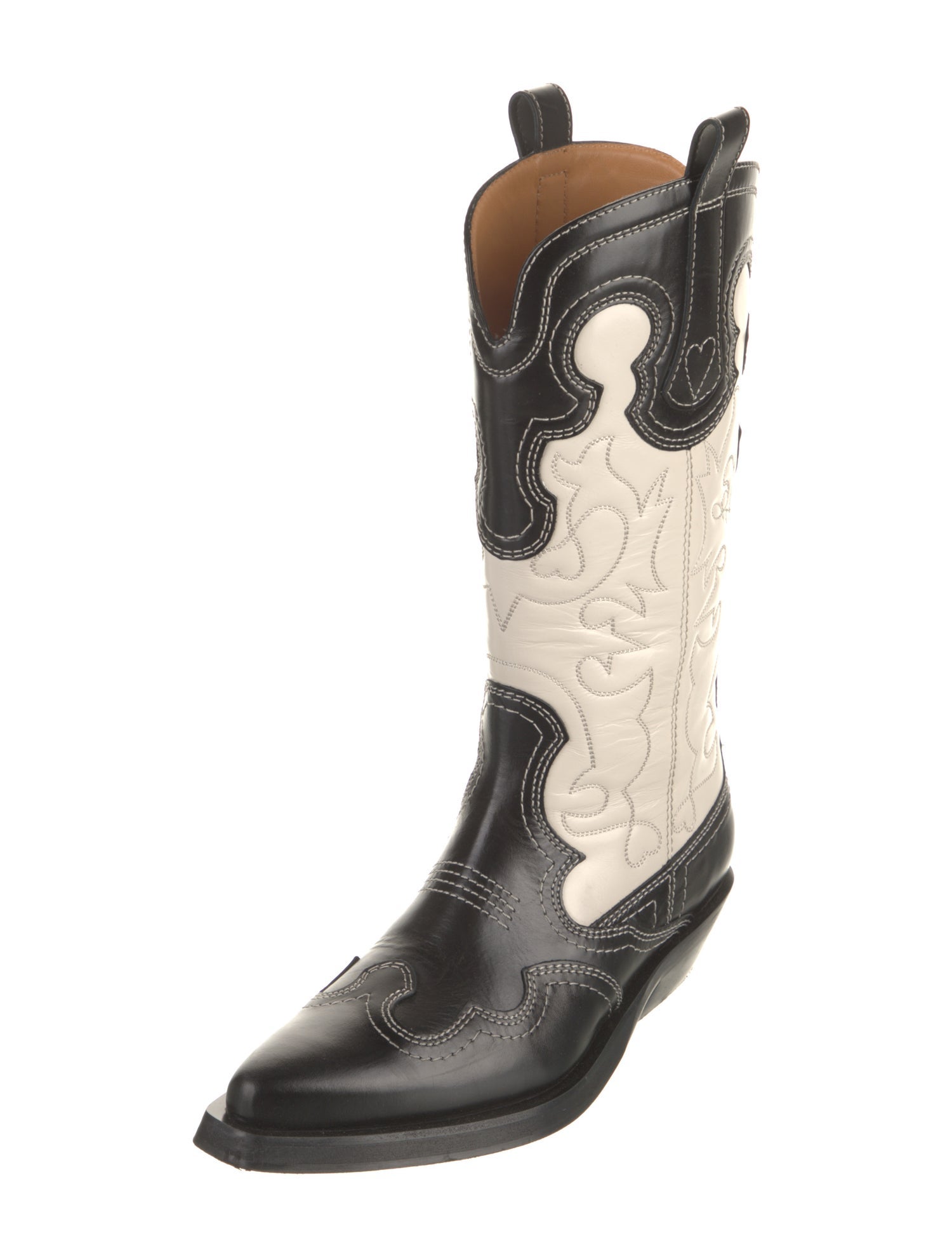Ganni Leather Colorblock Pattern Western Boots