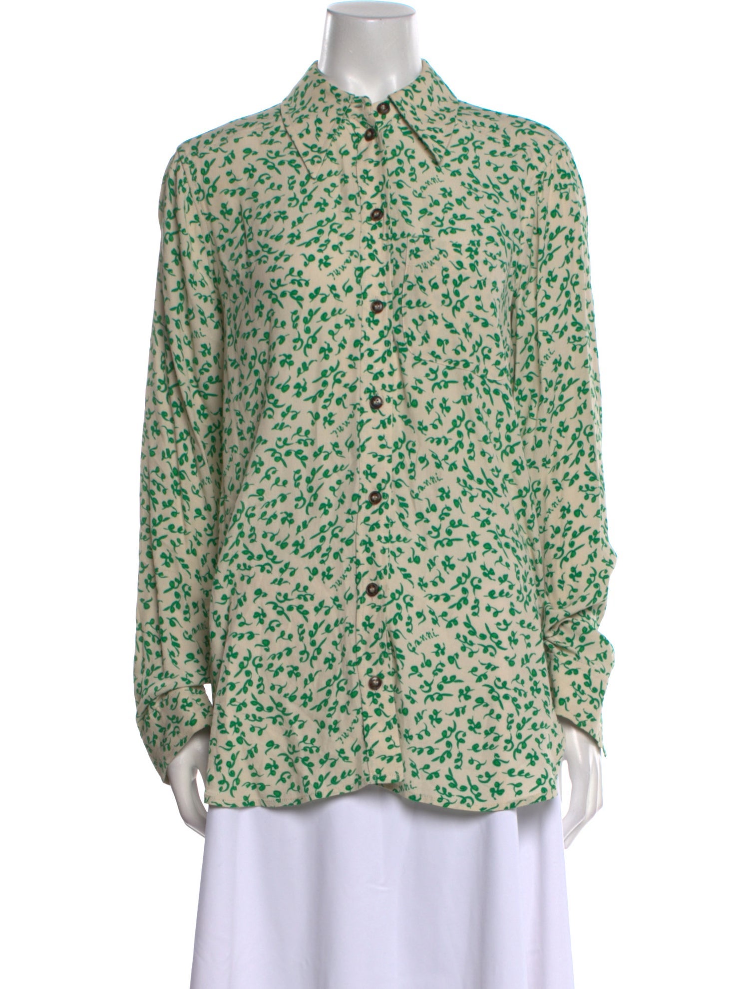 Ganni Printed Long Sleeve Button-Up Top