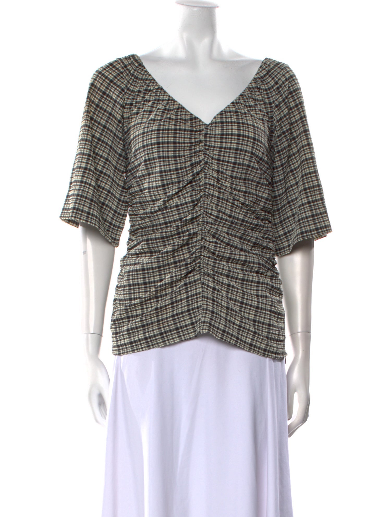 Ganni Plaid Print V-Neck Blouse