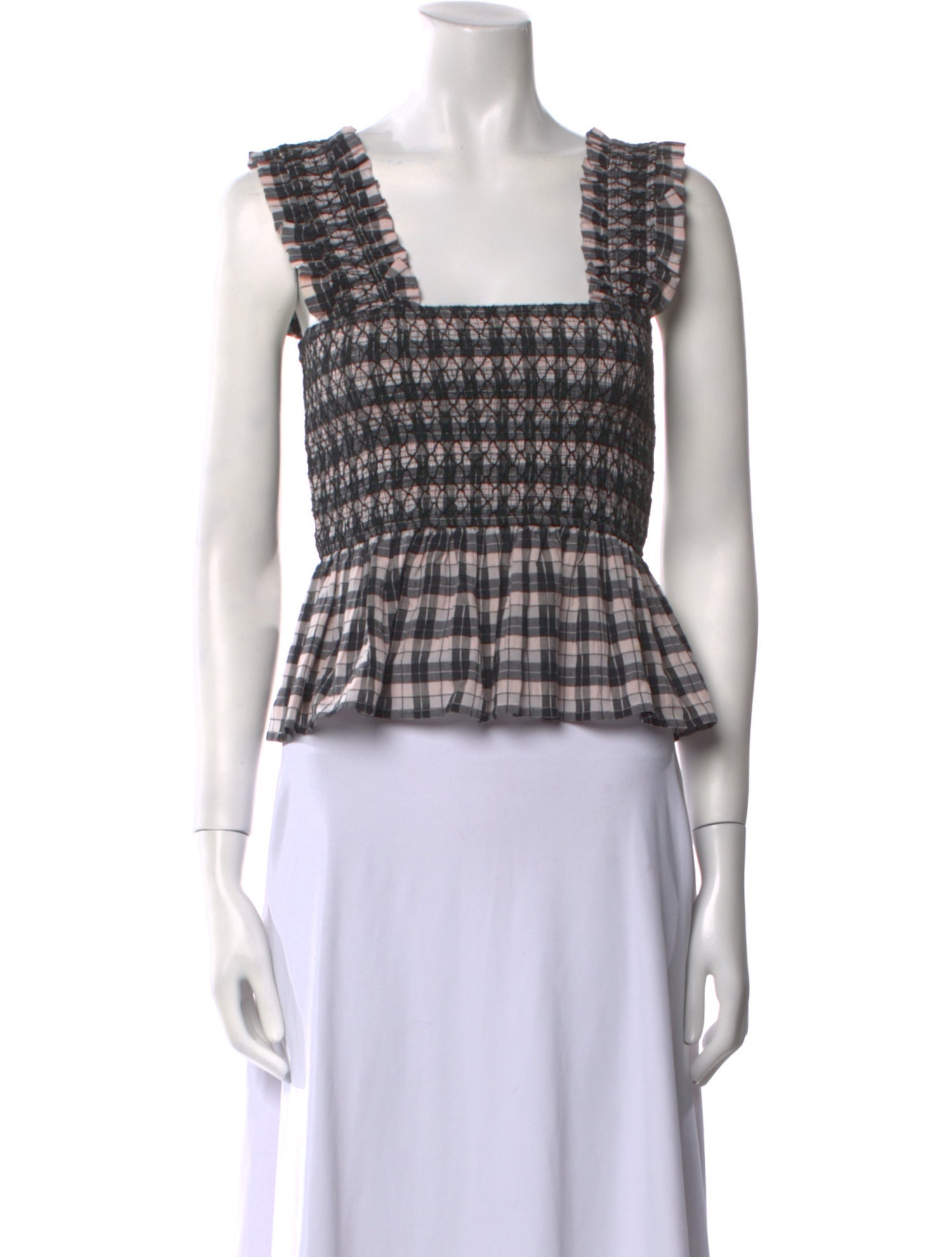 Ganni Plaid Print Square Neckline Crop Top